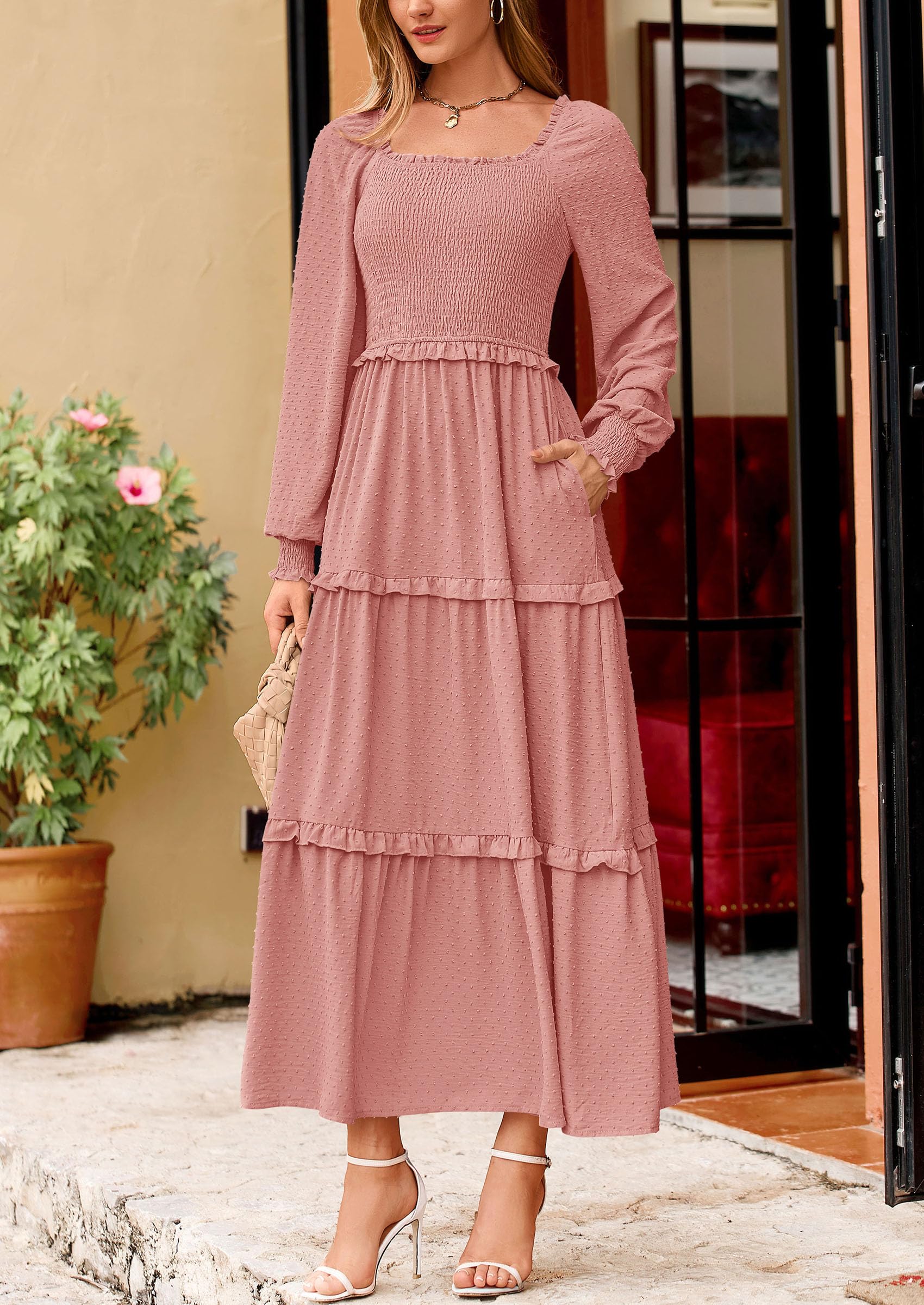 Women's Smocked Long Sleeve Maxi Dress Wedding Guest Dresses