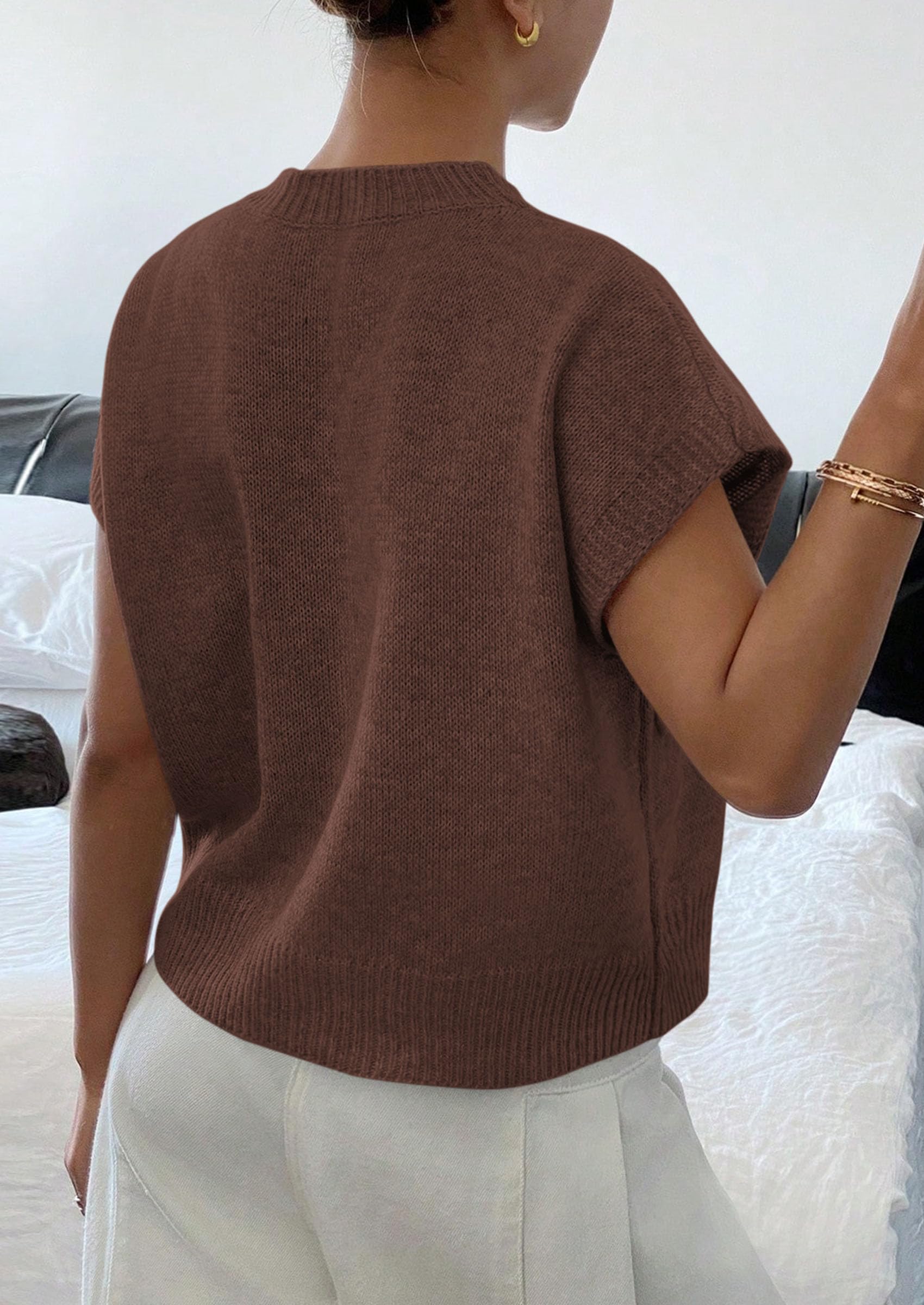 Women's Summer Short Cap Sleeve Sweater Vest (Brown,S)