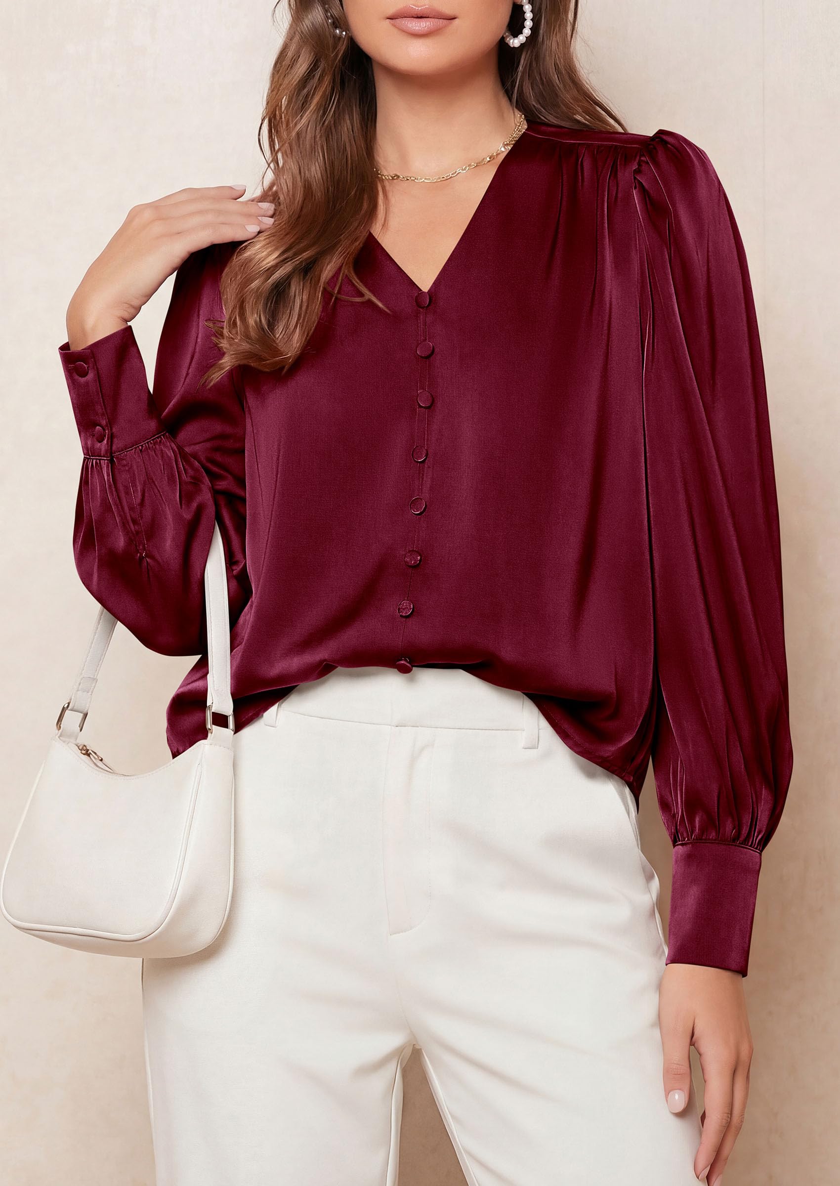 Womens Long Sleeve Satin Blouses Silk Business Casual Outfits