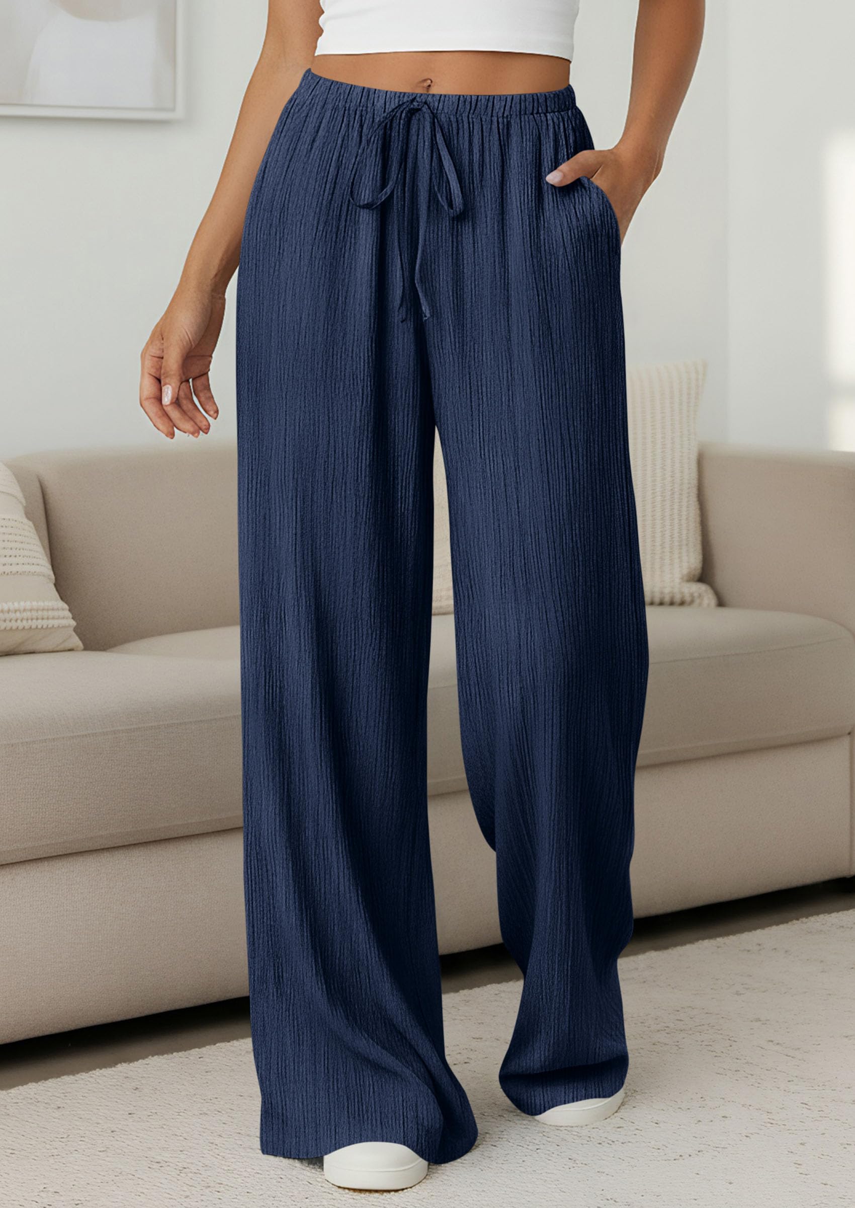 Women's Palazzo Pants Casual Wide Leg Trousers,Navy Blue,S