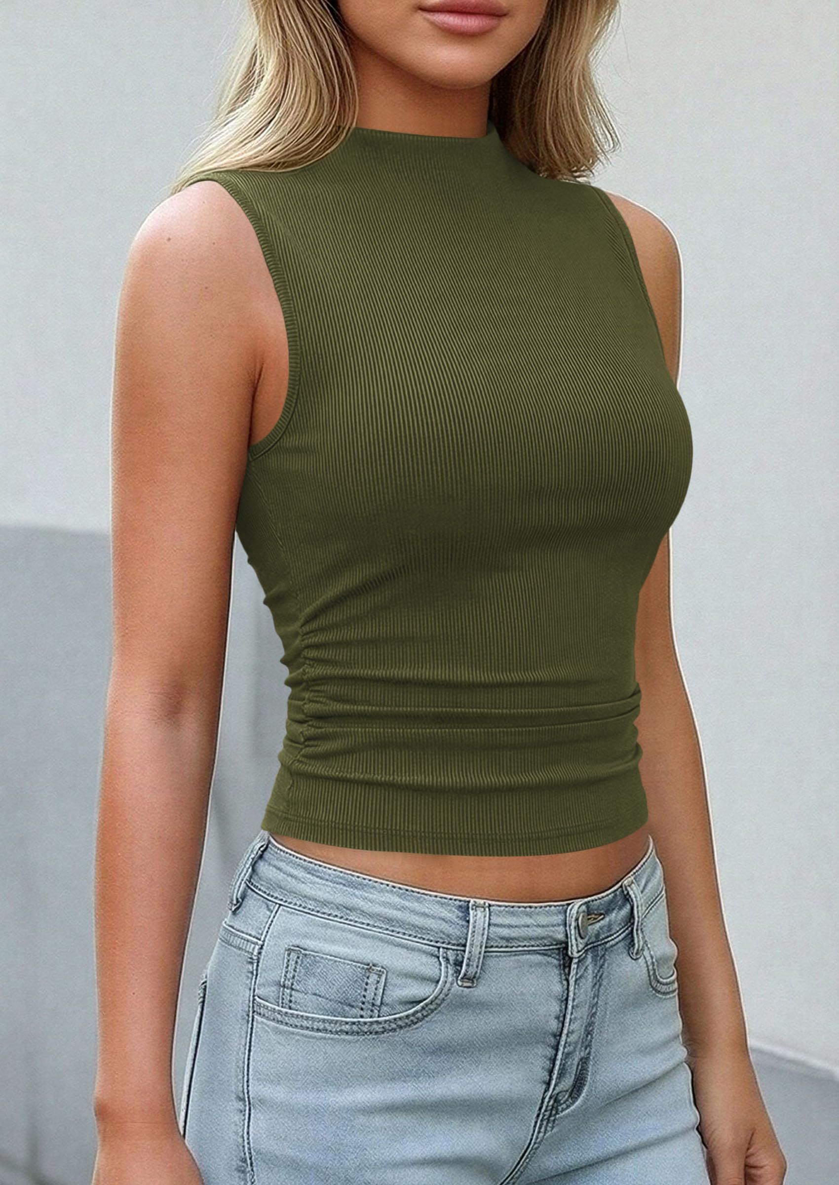Women's Sleeveless Mock Neck Ribbed Tank Top,Army Green,S