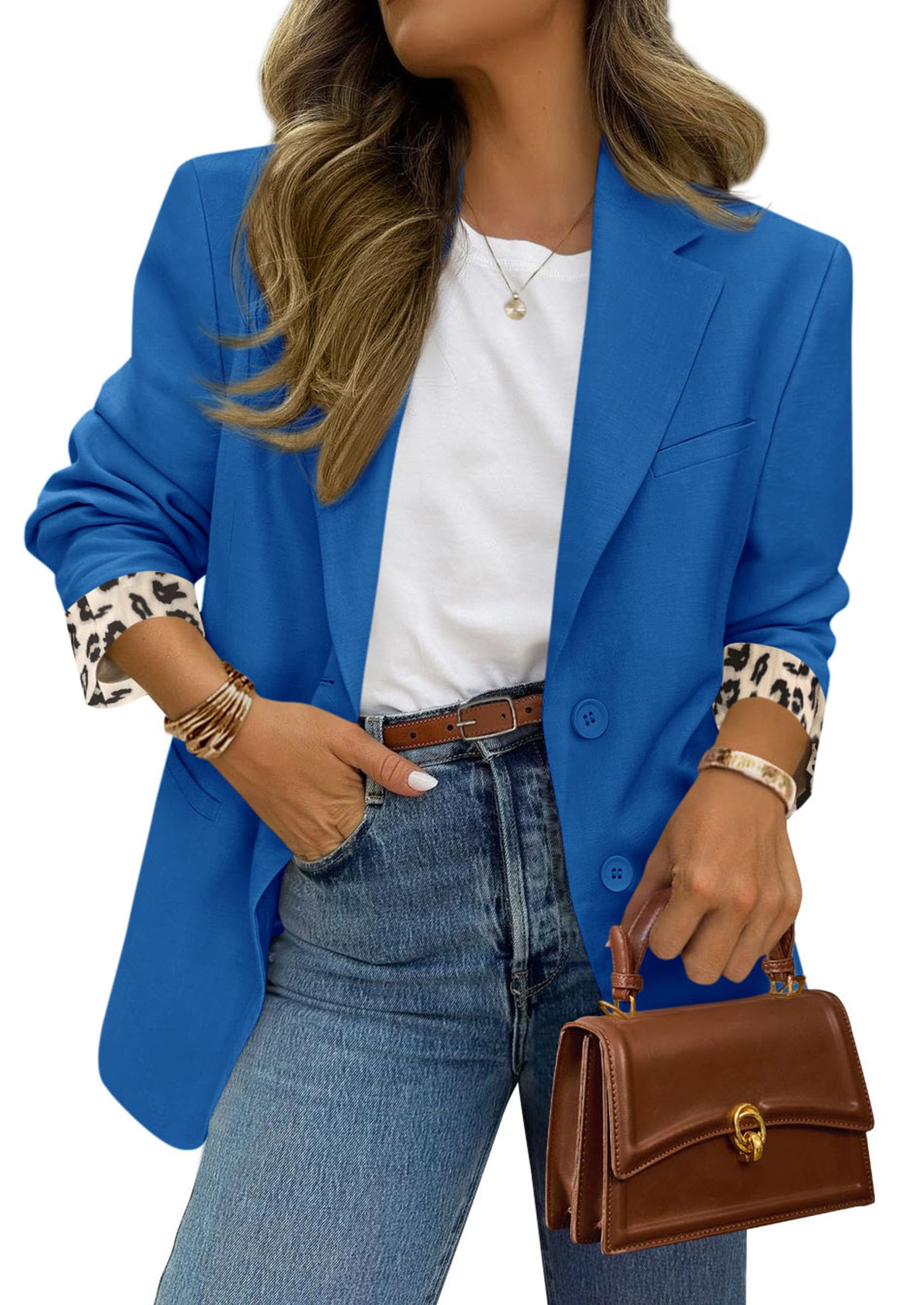 Womens Open Front Leopard Blazers Suit Jackets,Royal Blue,S