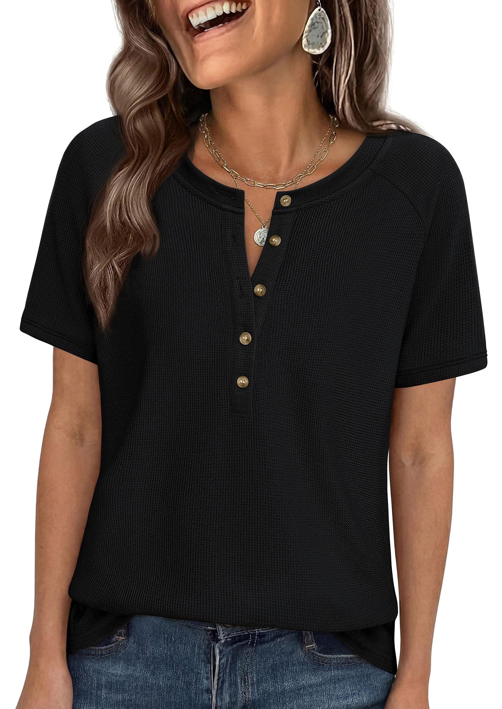 Women's Short Sleeve Waffle Knit Henley Shirts, Black,S