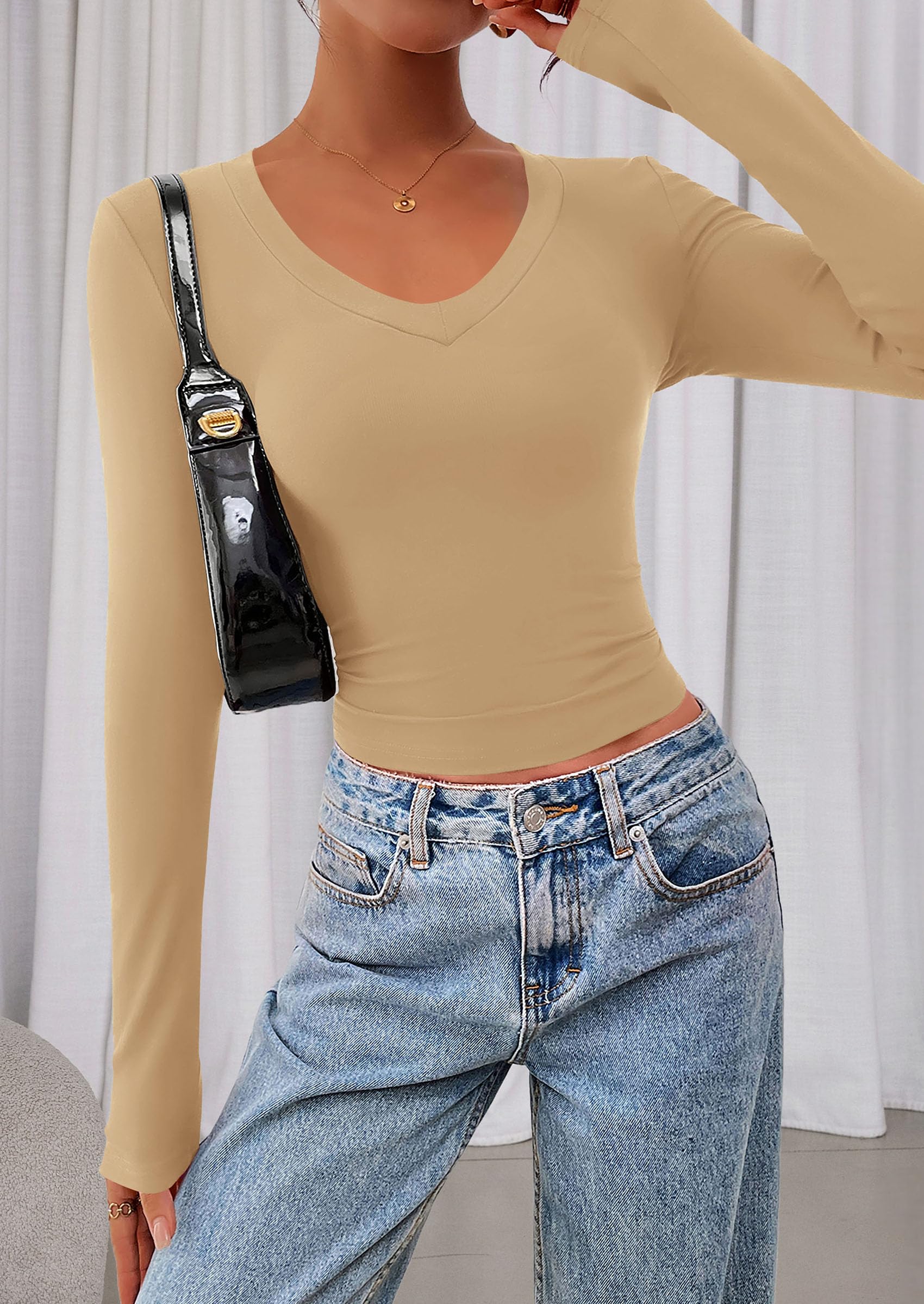 Womens Long Sleeve Slim Fit Crop Tops,Khaki,XS