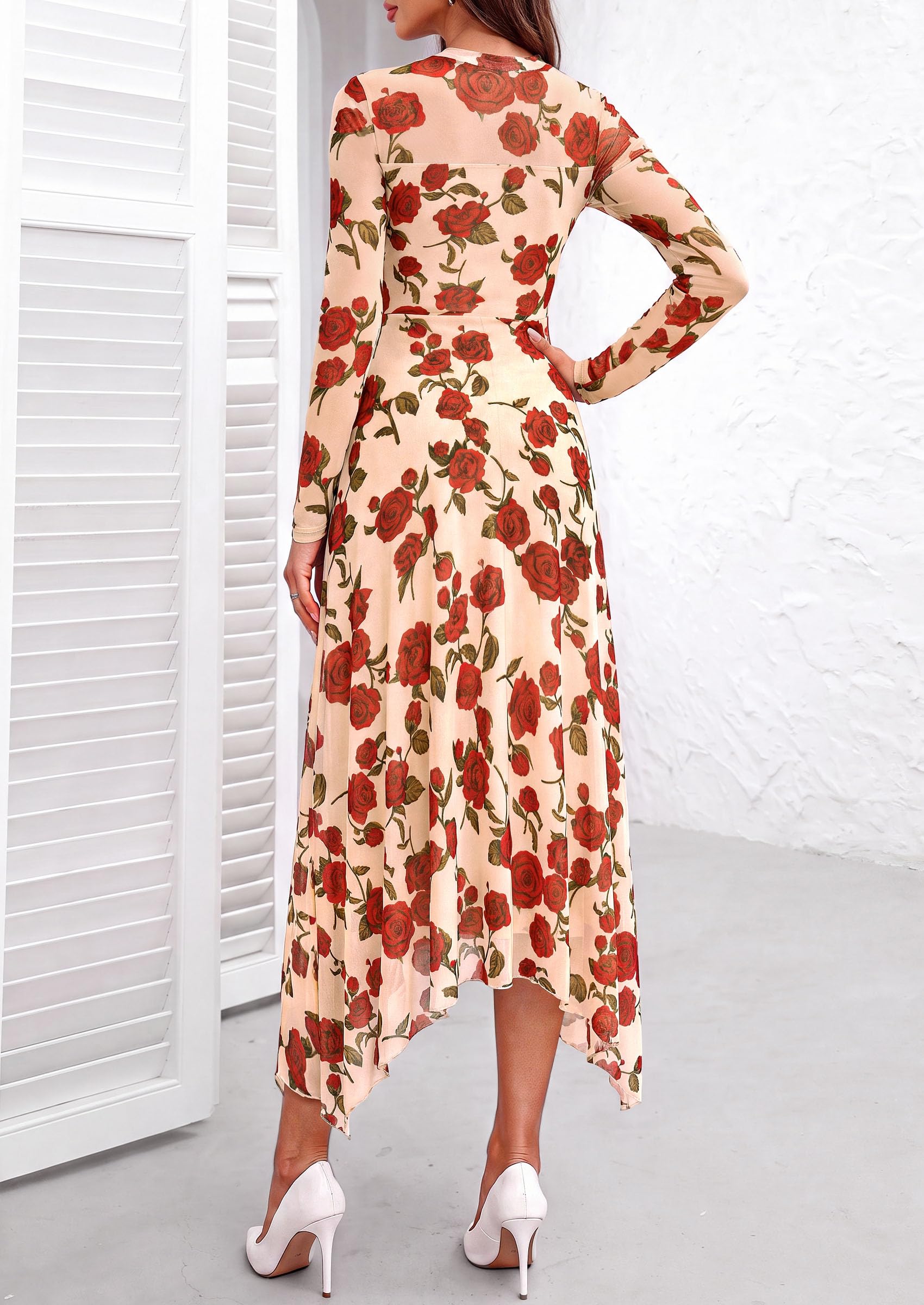 Women's Floral Mesh Midi Dress,Floral Apricot Red,S