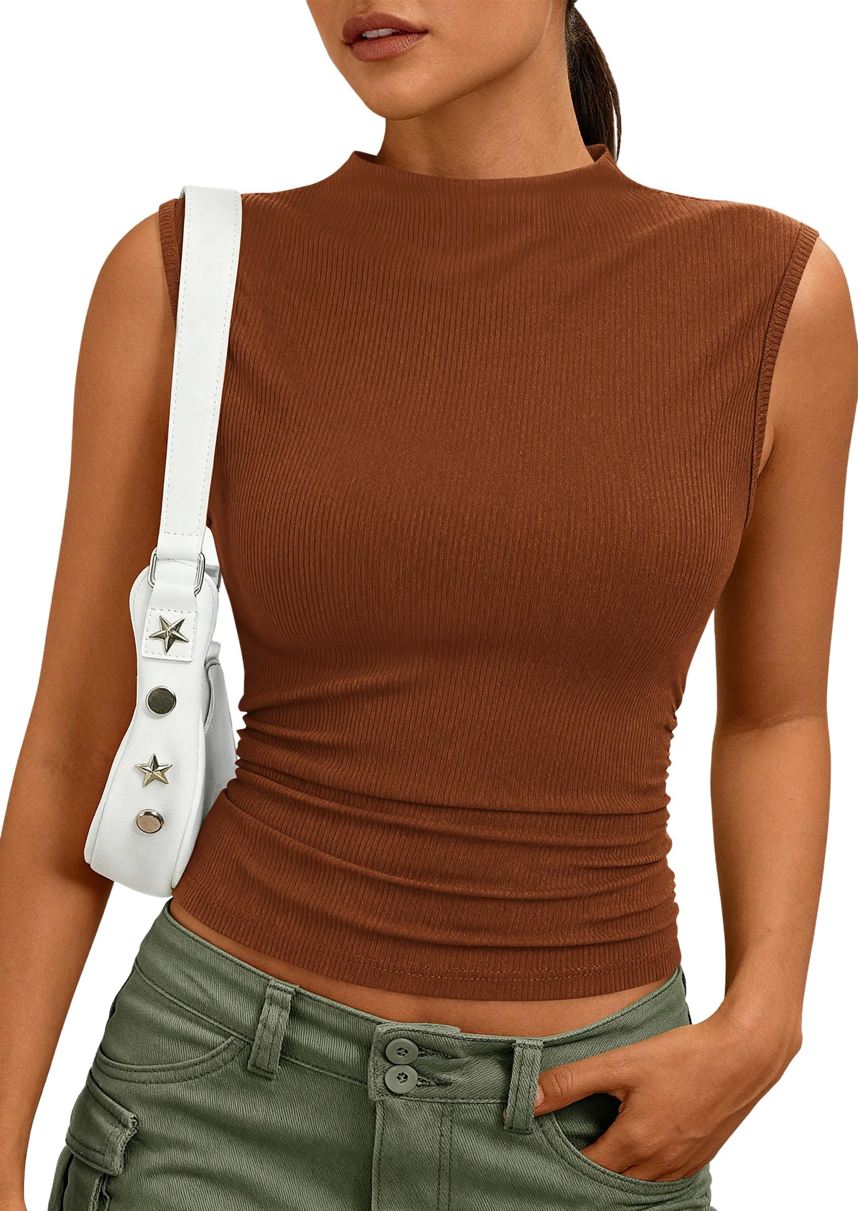 Women's Sleeveless Mock Neck Ribbed Tank Top,Red Brown,S