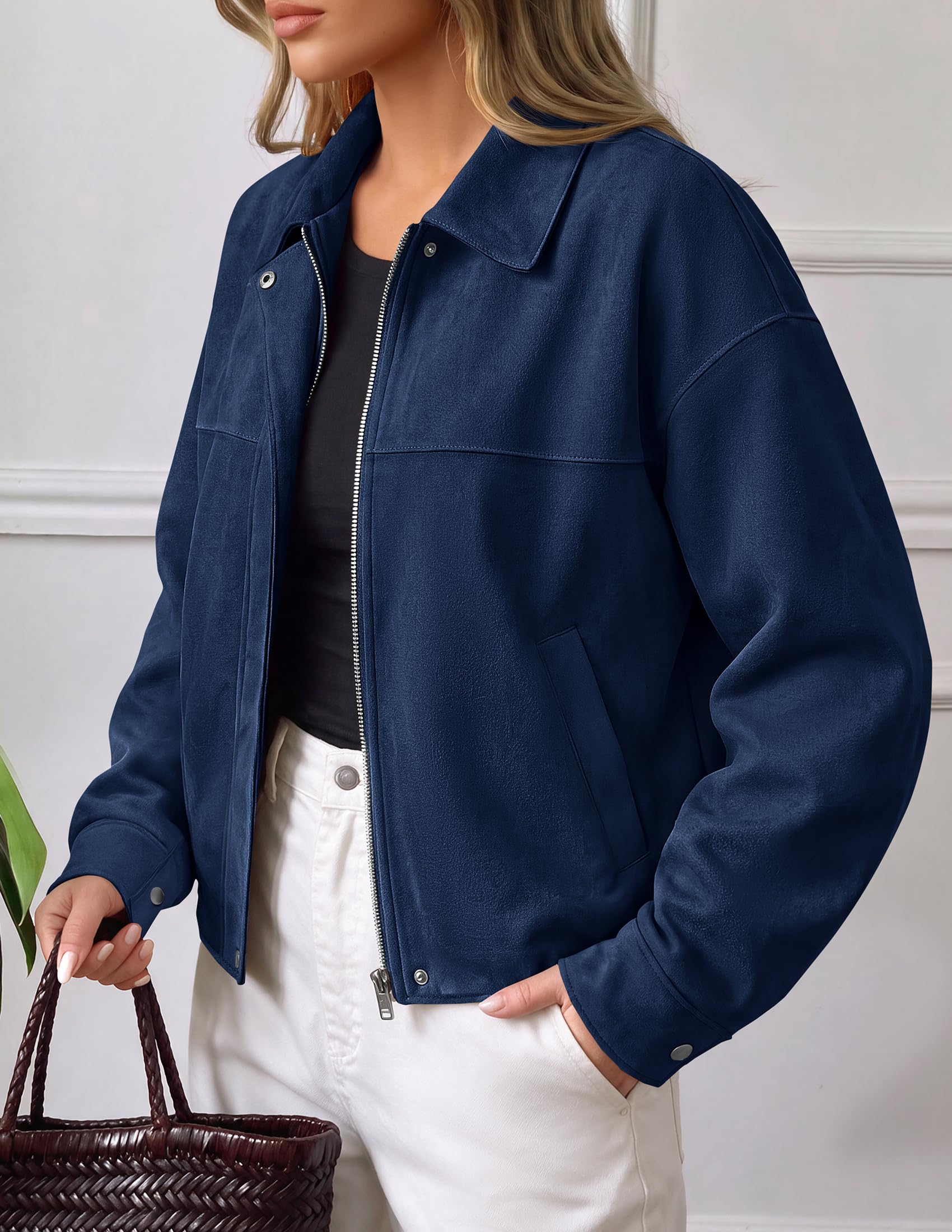 Women's Faux Suede Cropped Fall Jackets,Navy,S