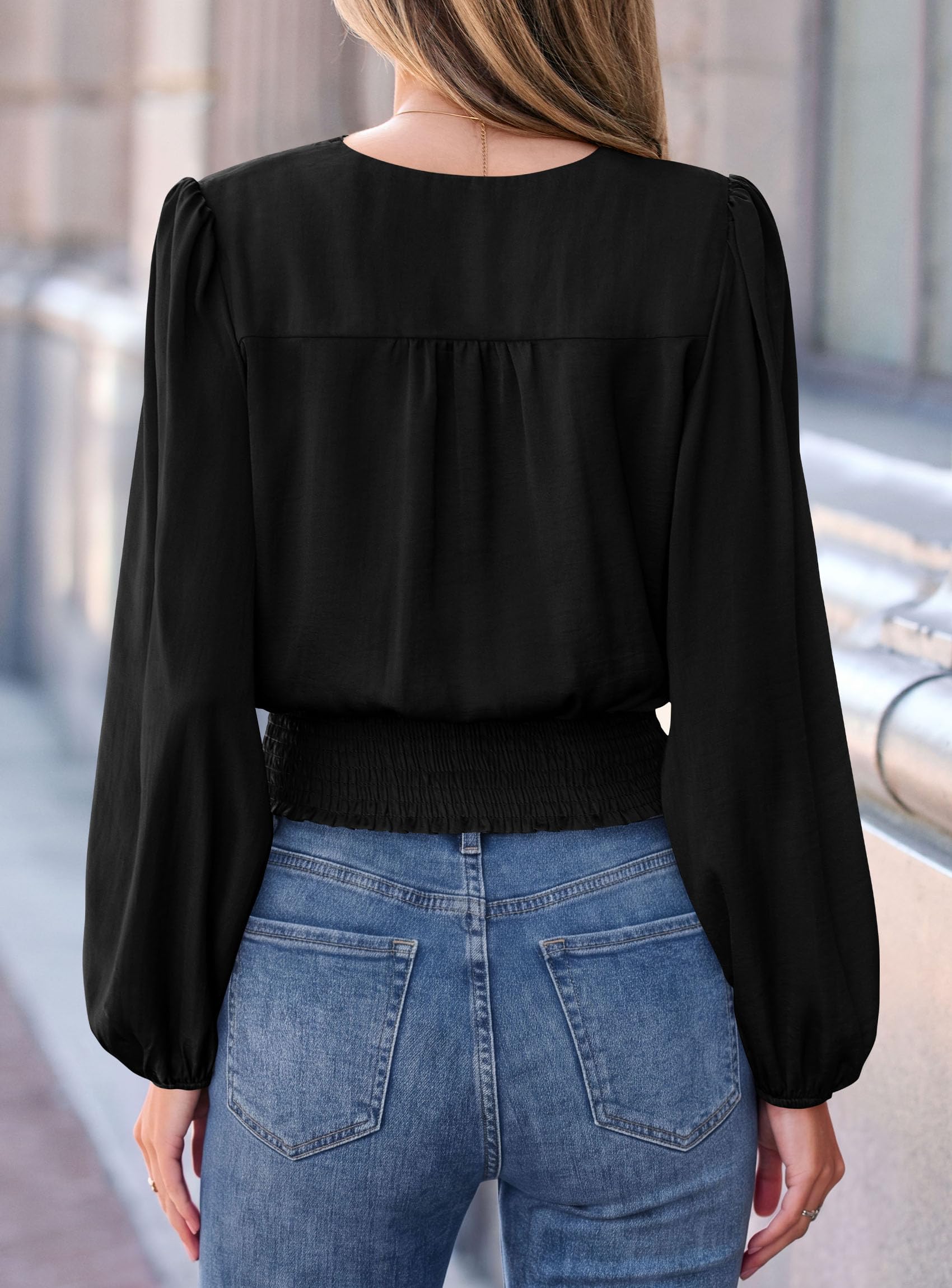 Women's Long Sleeve V Neck Wrap Blouse,Black,S