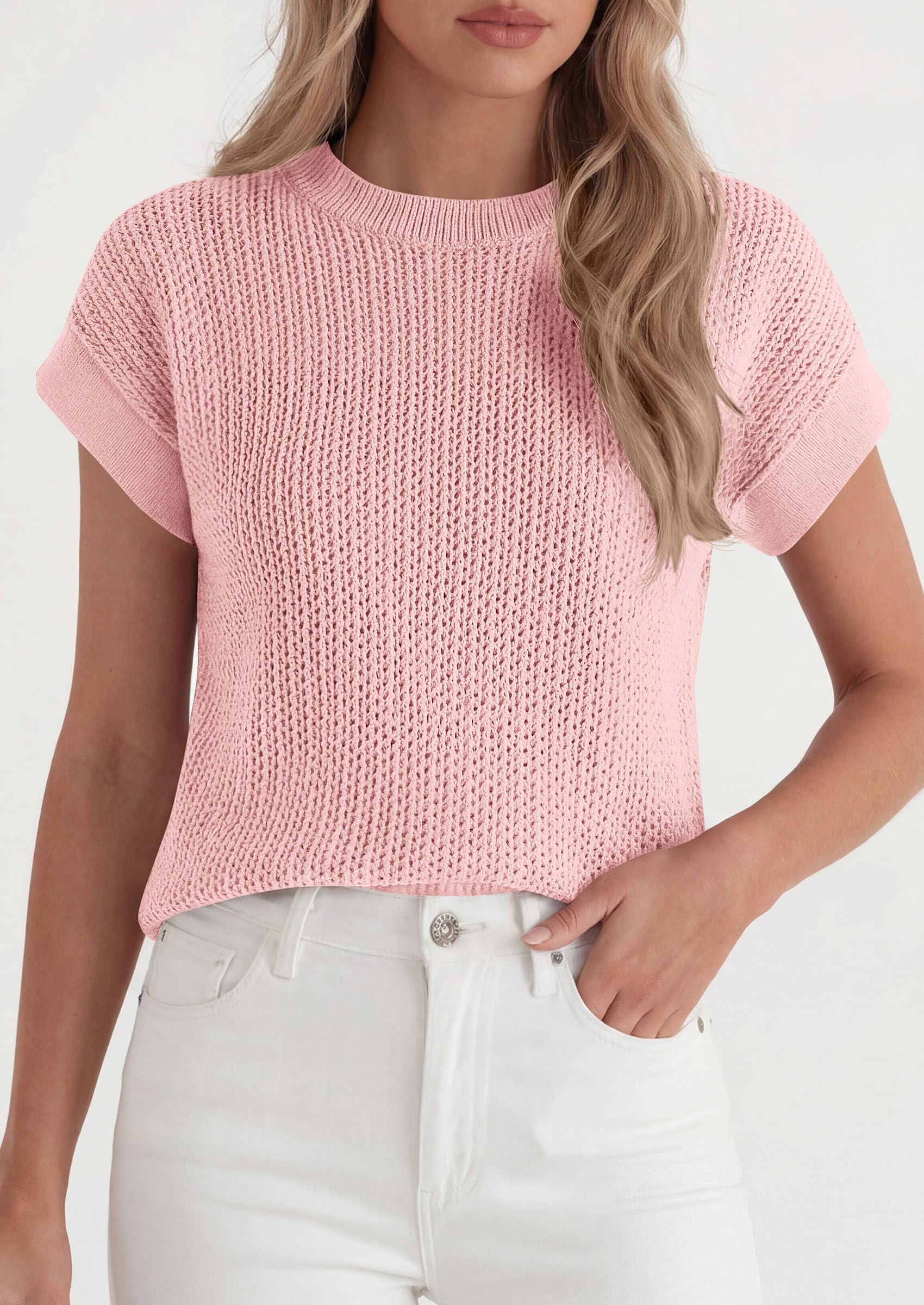 Women's Summer Sweater Vest Crochet Tops (Pink,S)