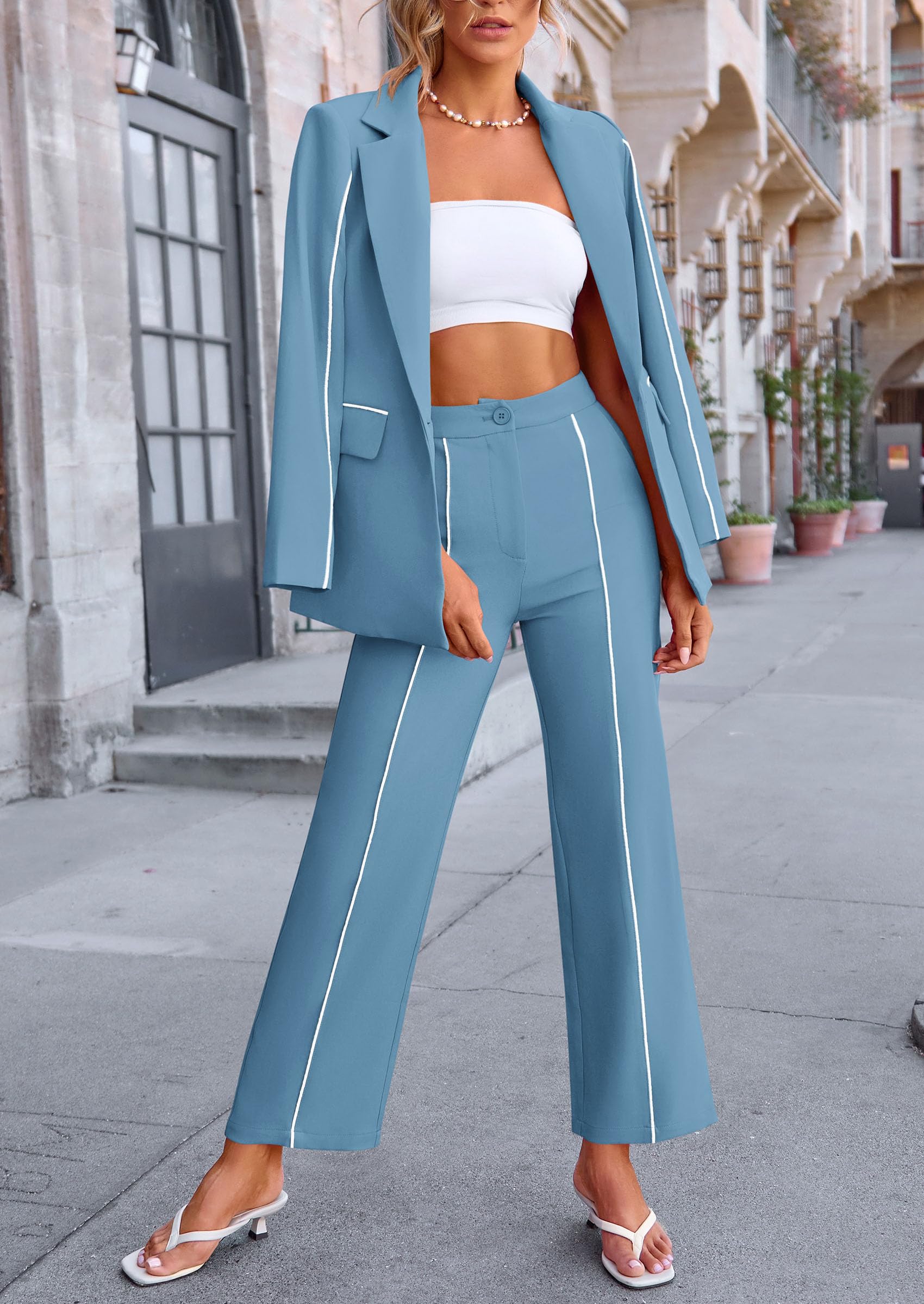 Women's Fall Spring 2 Piece Blazer Outfits Business Casual Oversized Jacket Wide Leg Work Pants Dressy Suit Set (Blue,Small)