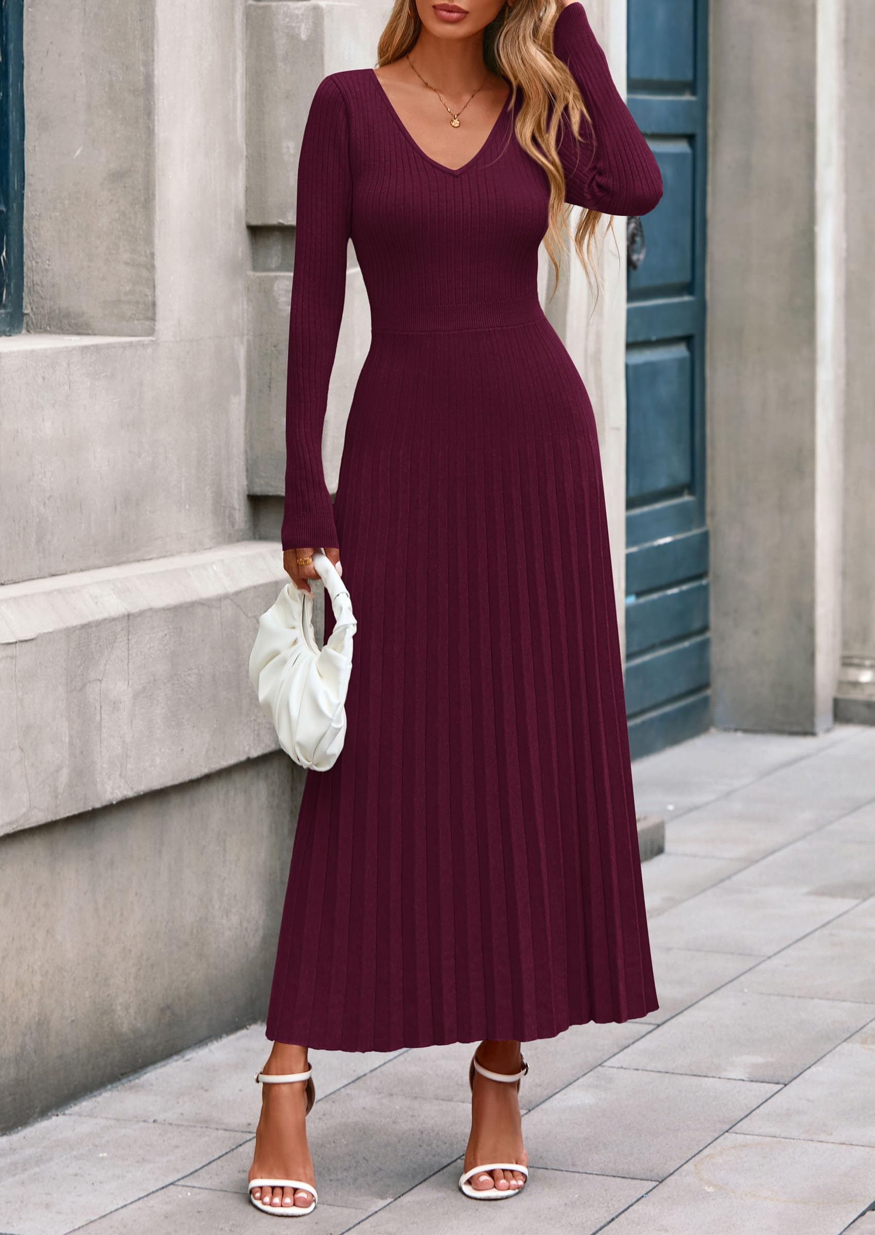 Sweater Dress Women Long Sleeve Maxi Flowy Pleated Dresses