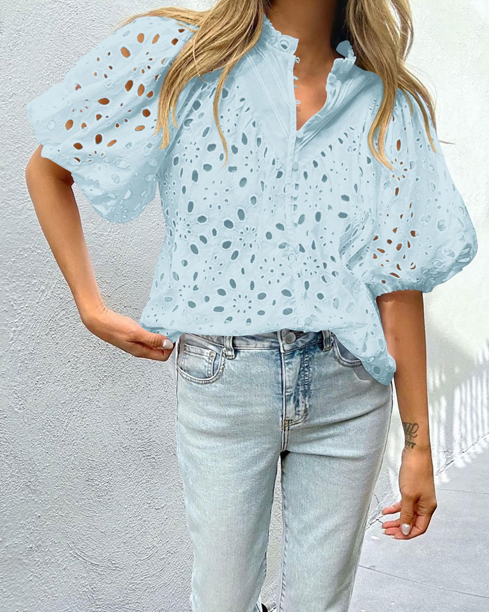 Womens Tops Boho Eyelet Puff Sleeve Blouse, Light Blue,S