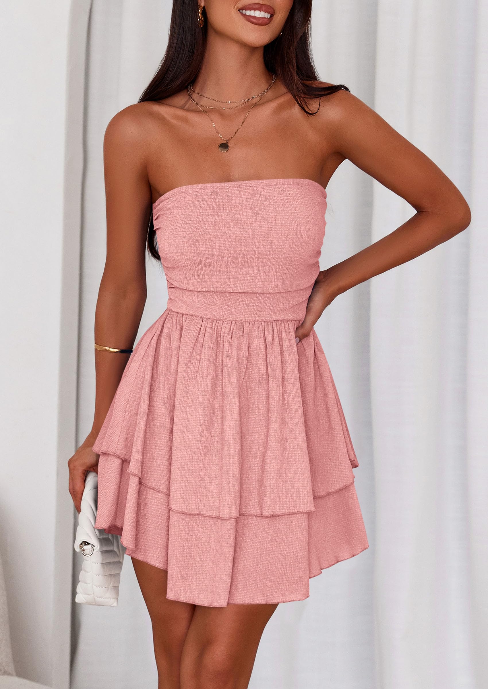 Women's Summer Strapless Flowy Mini Dresses (Pink,S)