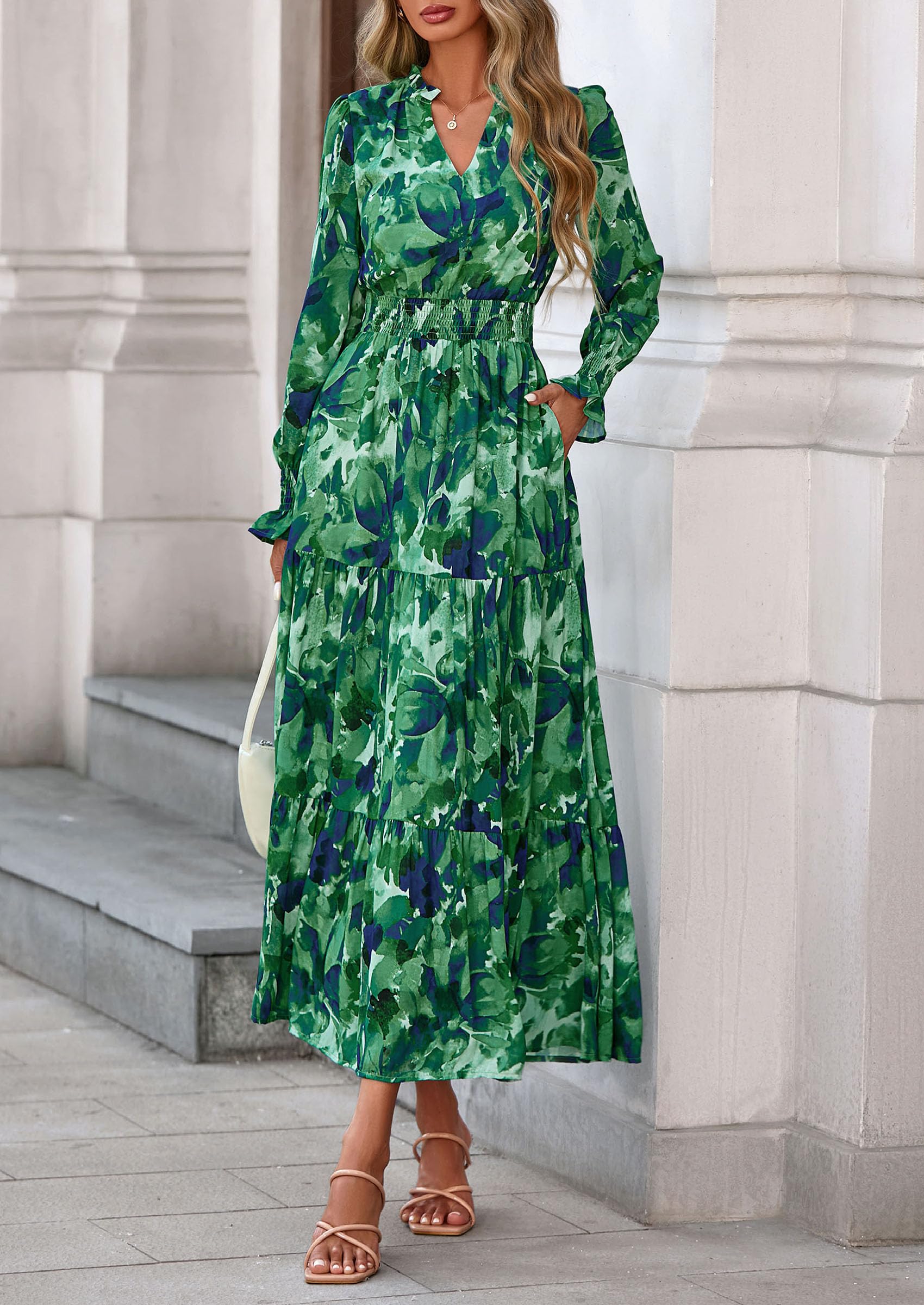 Women's Floral Maxi Dress Fall A Line Wedding Guest Dresses