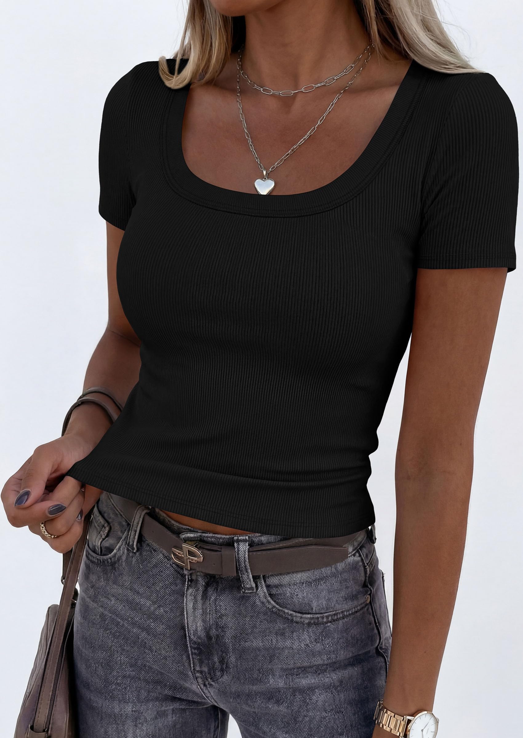 Womens Summer Short Sleeve Scoop Neck Tops,Black,S
