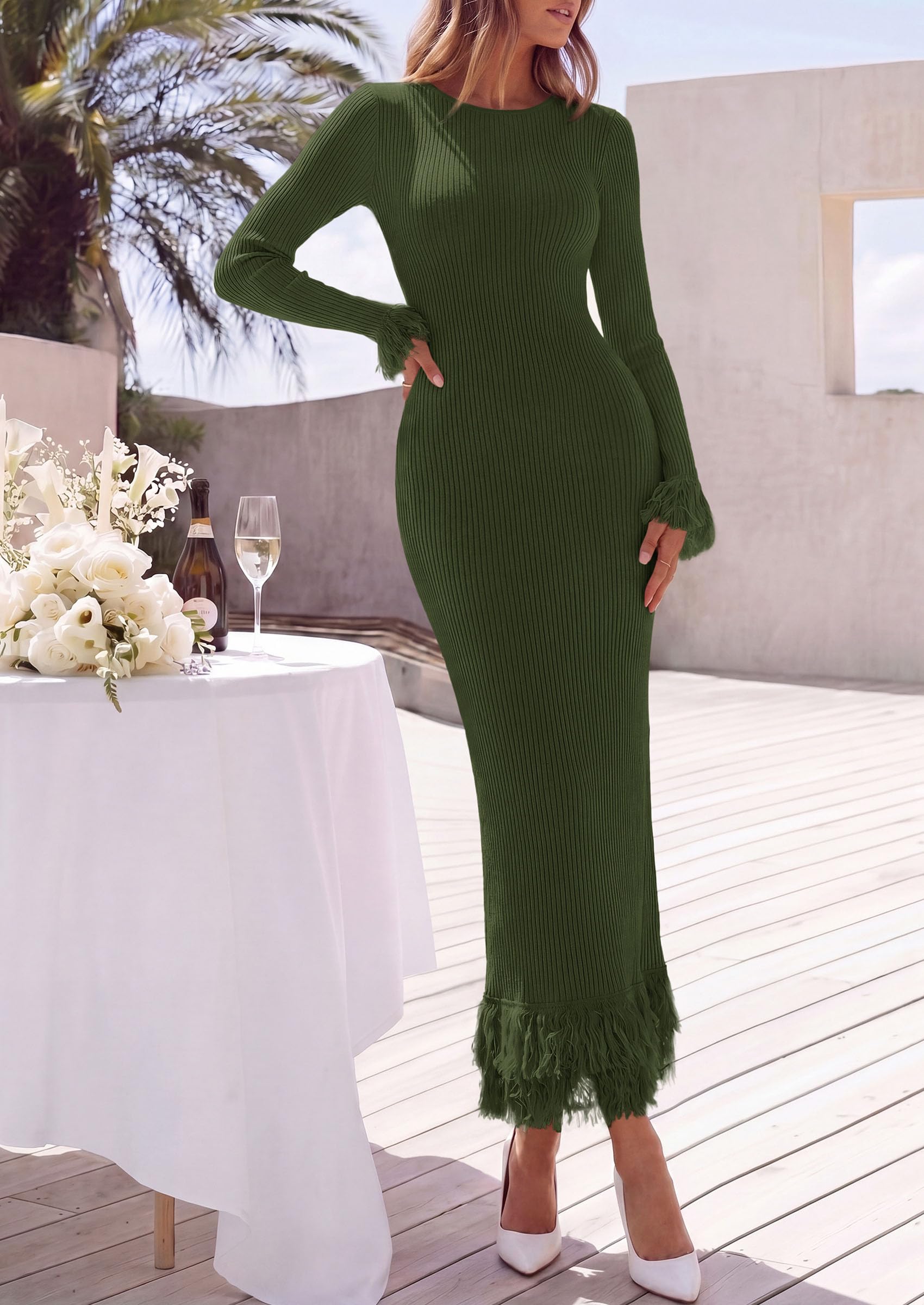 Womens Long Sleeve Bodycon Sweater Dress,Army Green,Small