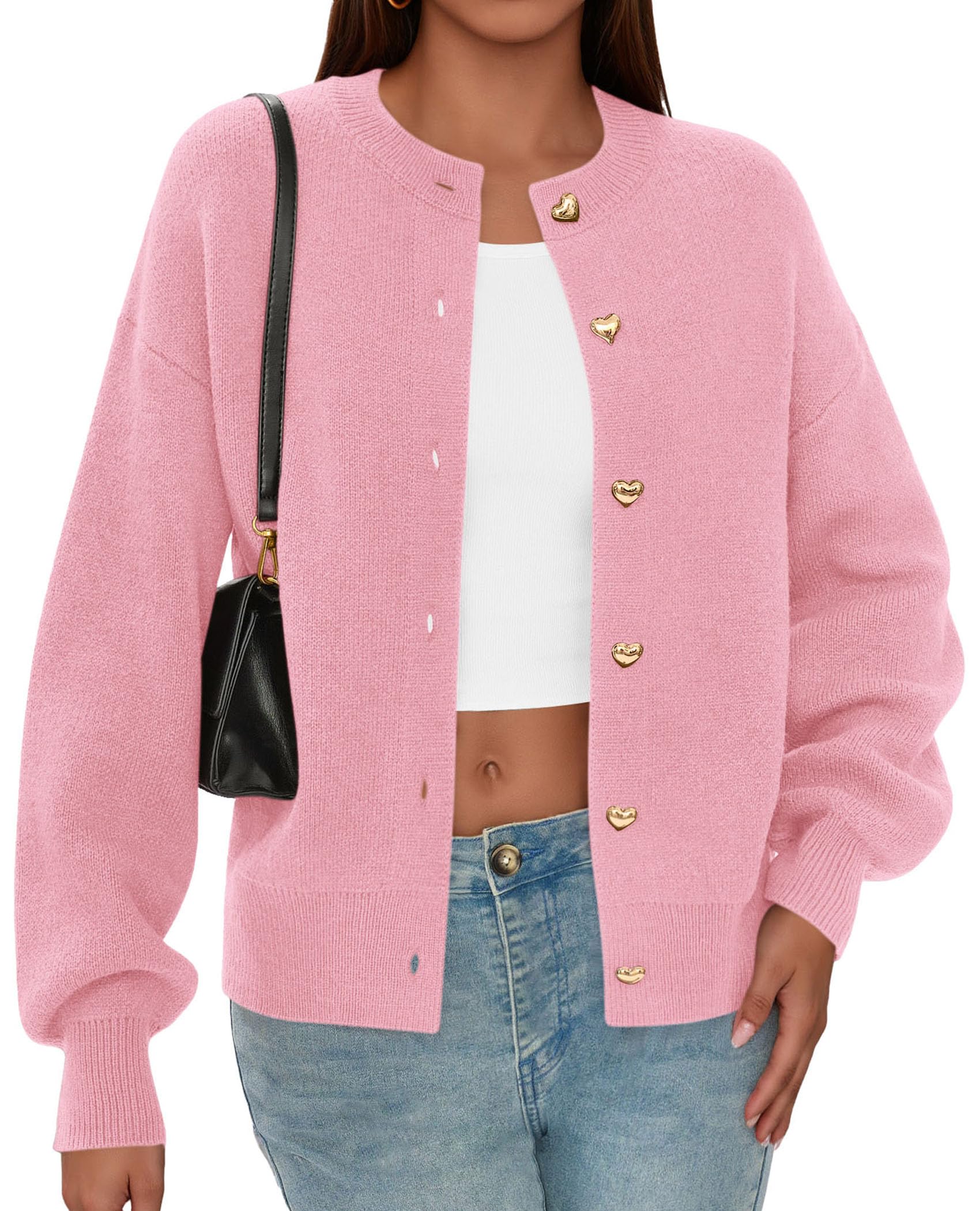 Women's Long Sleeve Button Up Cardigan,Pink,L