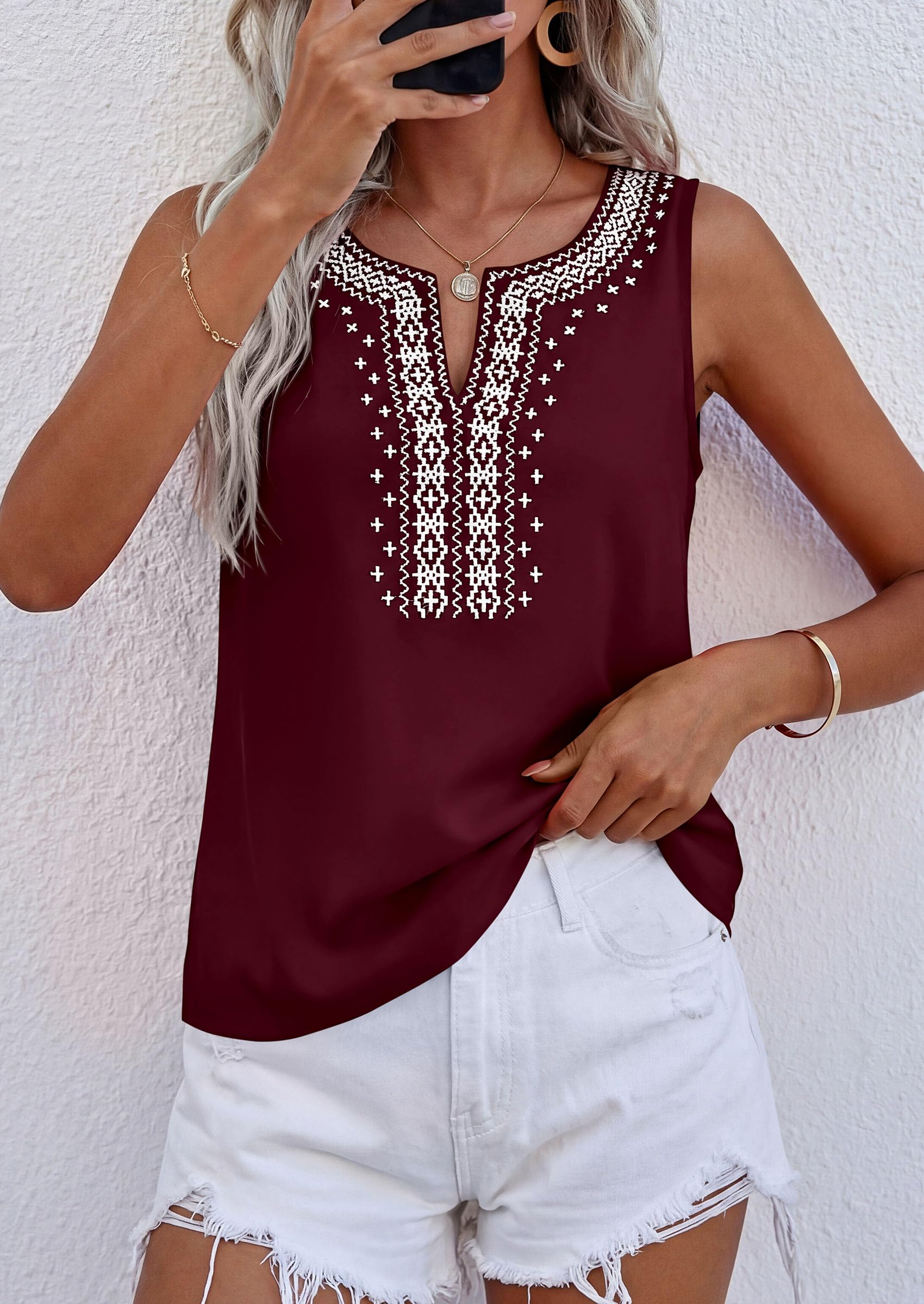 Womens Embroidered Sleeveless Tank Tops Wine Red,S