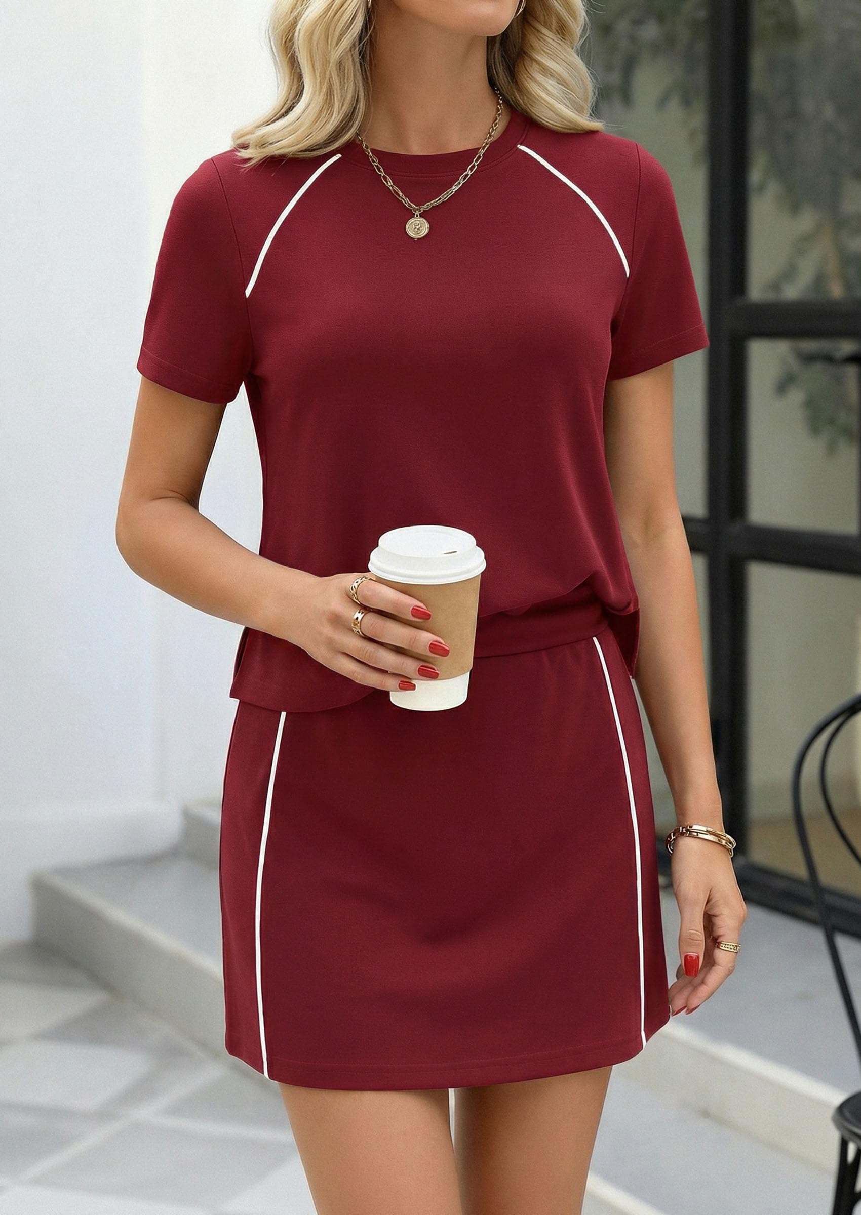 Women's 2 Piece Skirt Sets Matching Clothing (Burgundy,S)