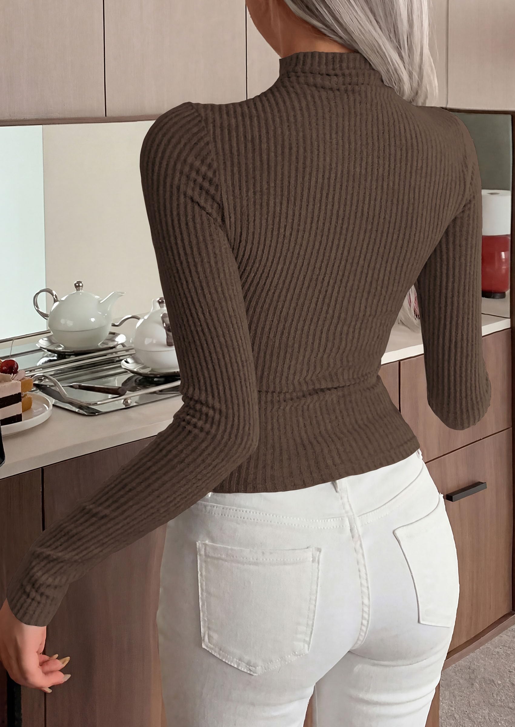 Long Sleeve Shirts for Women Fall Ribbed Mock Turtleneck Tops
