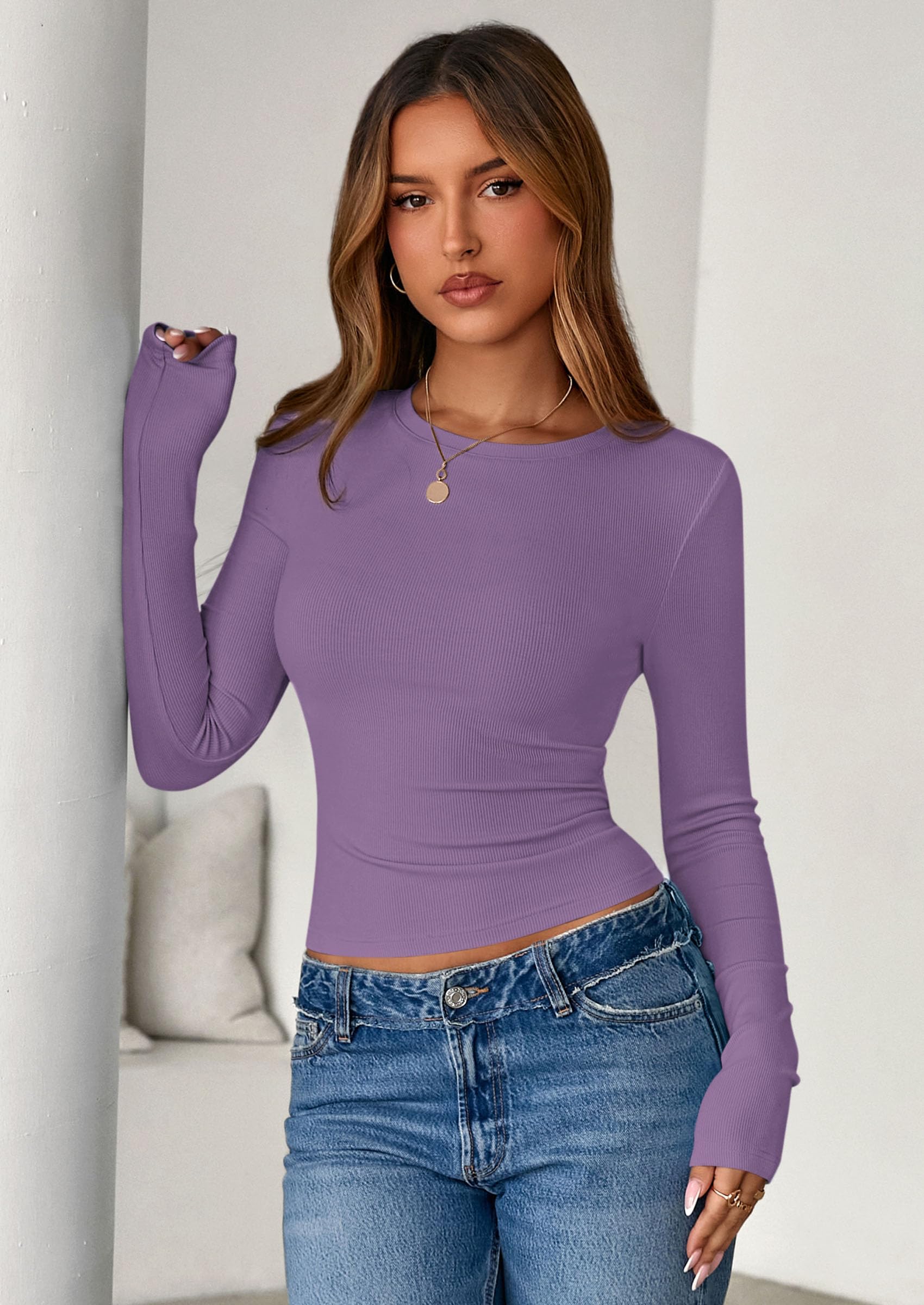 Women's Fall Long Sleeve Shirts Basic Tees (Purple,XS)