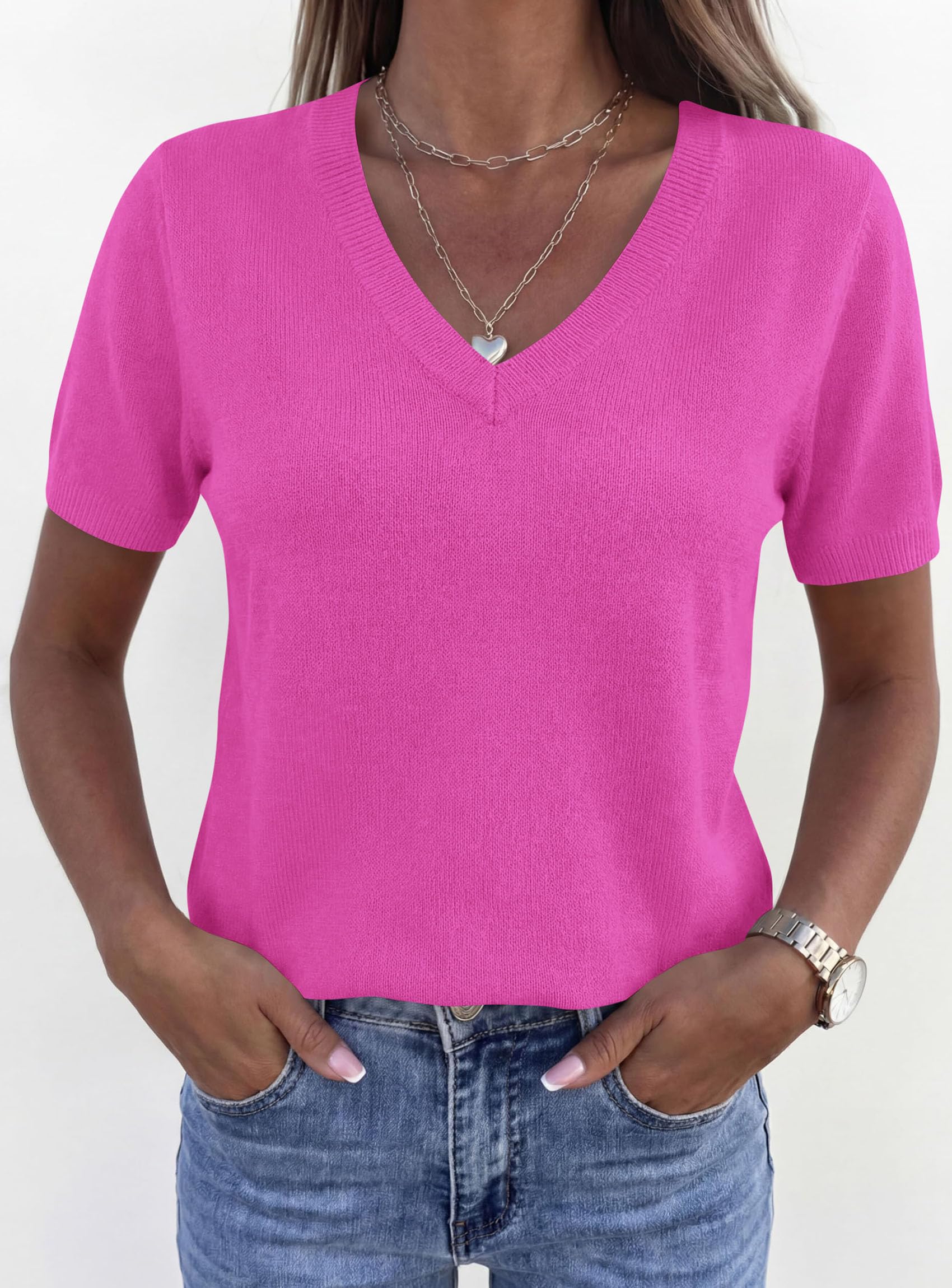 Womens Short Sleeve Sweater V Neck Tops,Rose Red,S
