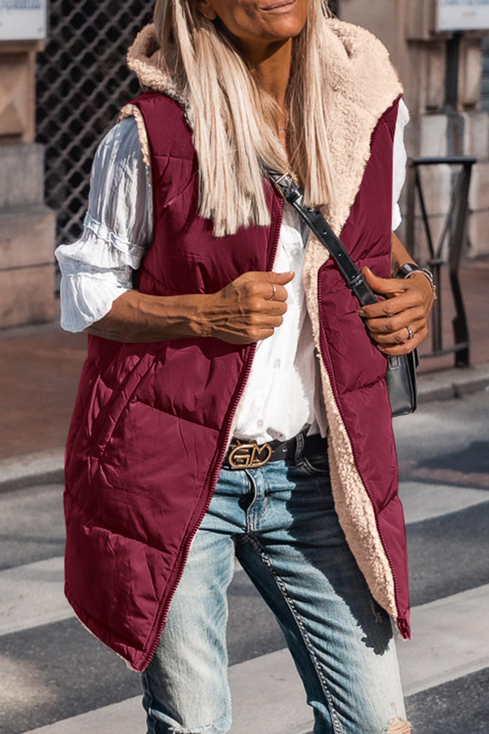 Women's Winter Reversible Fleece Long Vests(Wine Red,S)