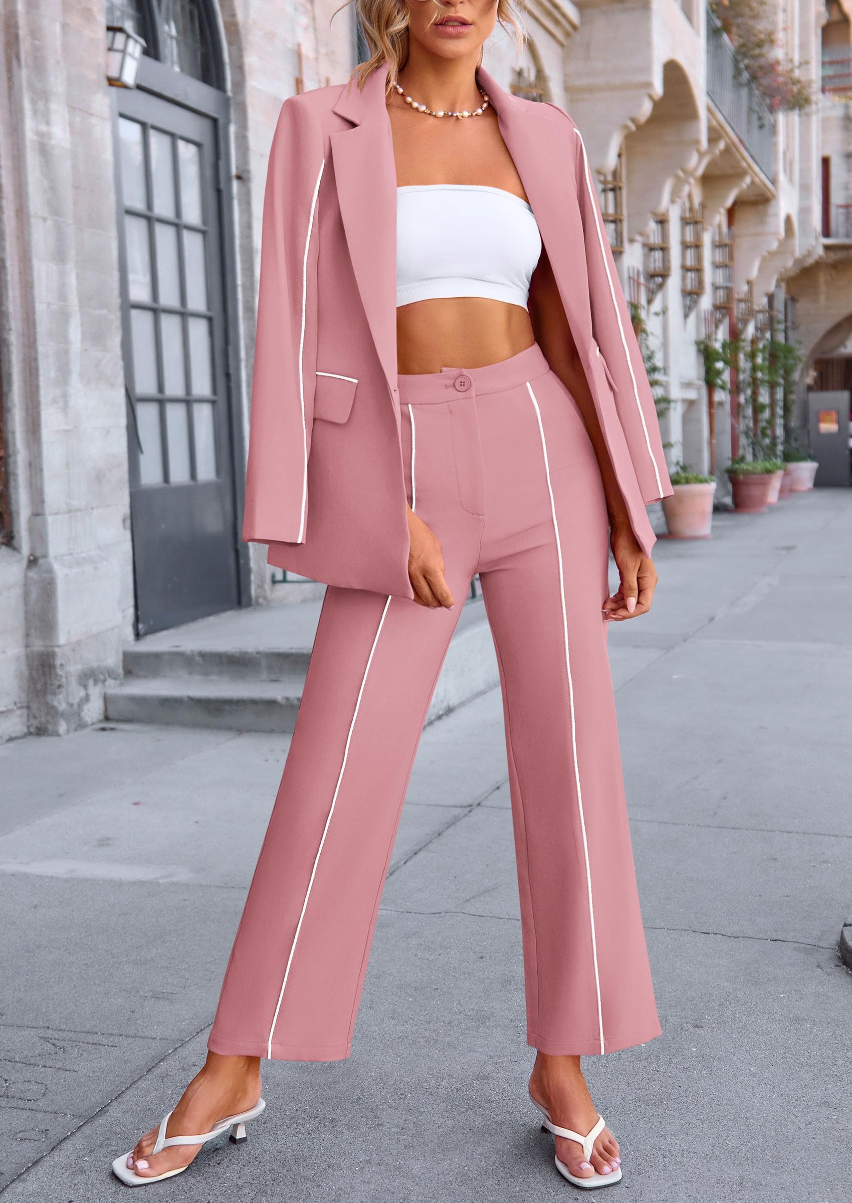 Women's 2 Piece Blazer Business Casual Outfits(Pink,S)
