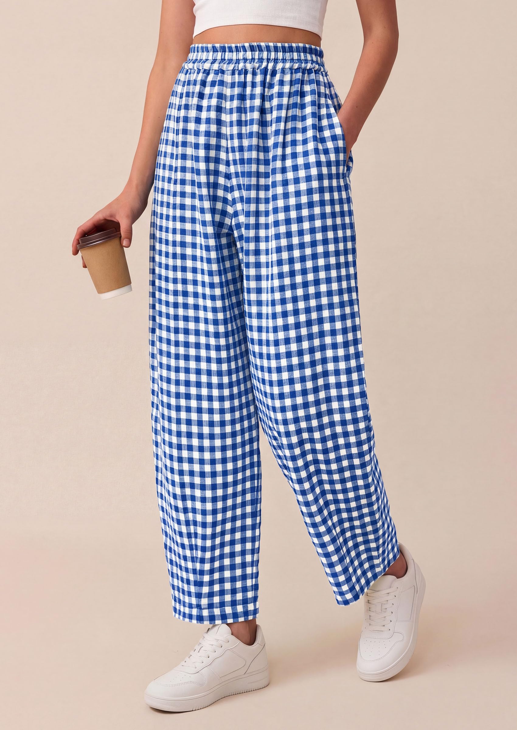 Plaid Barrel Pants Women Summer Bottoms, Blue Plaid,S