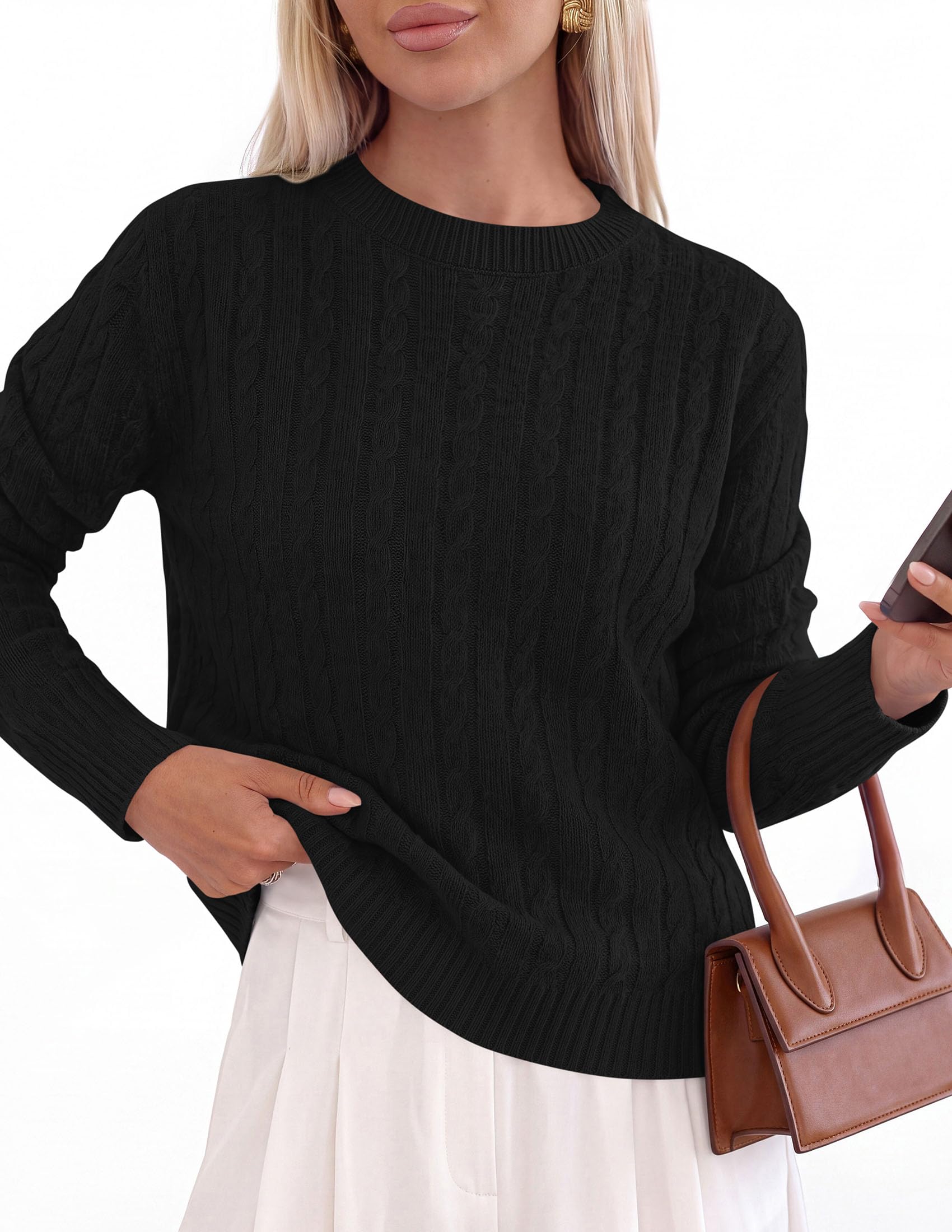 Womens Cable Knit Crewneck Fall Sweater Long Sleeve Tops 2026
