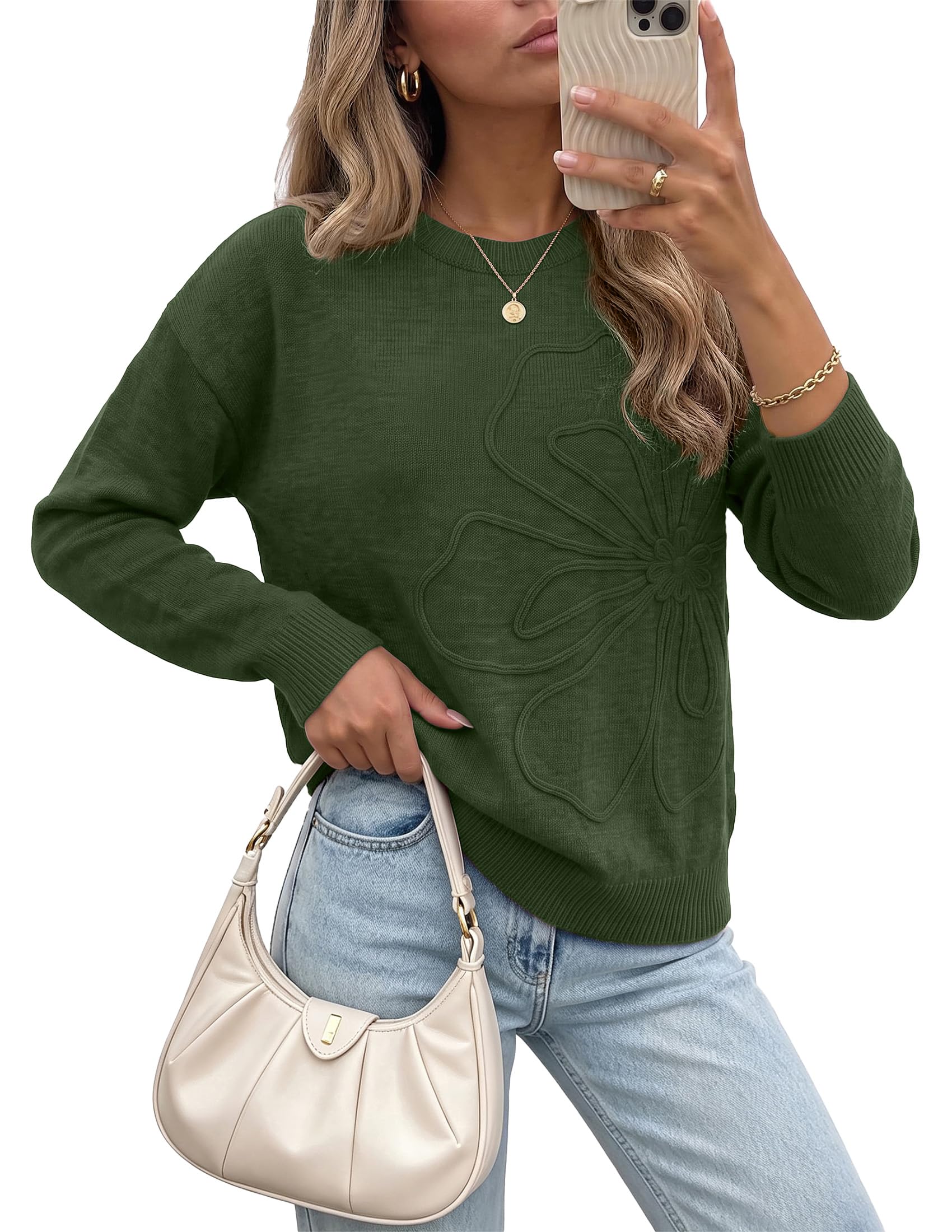 Sweaters for Women Fall Fashion Embroidered Floral Knit Tops