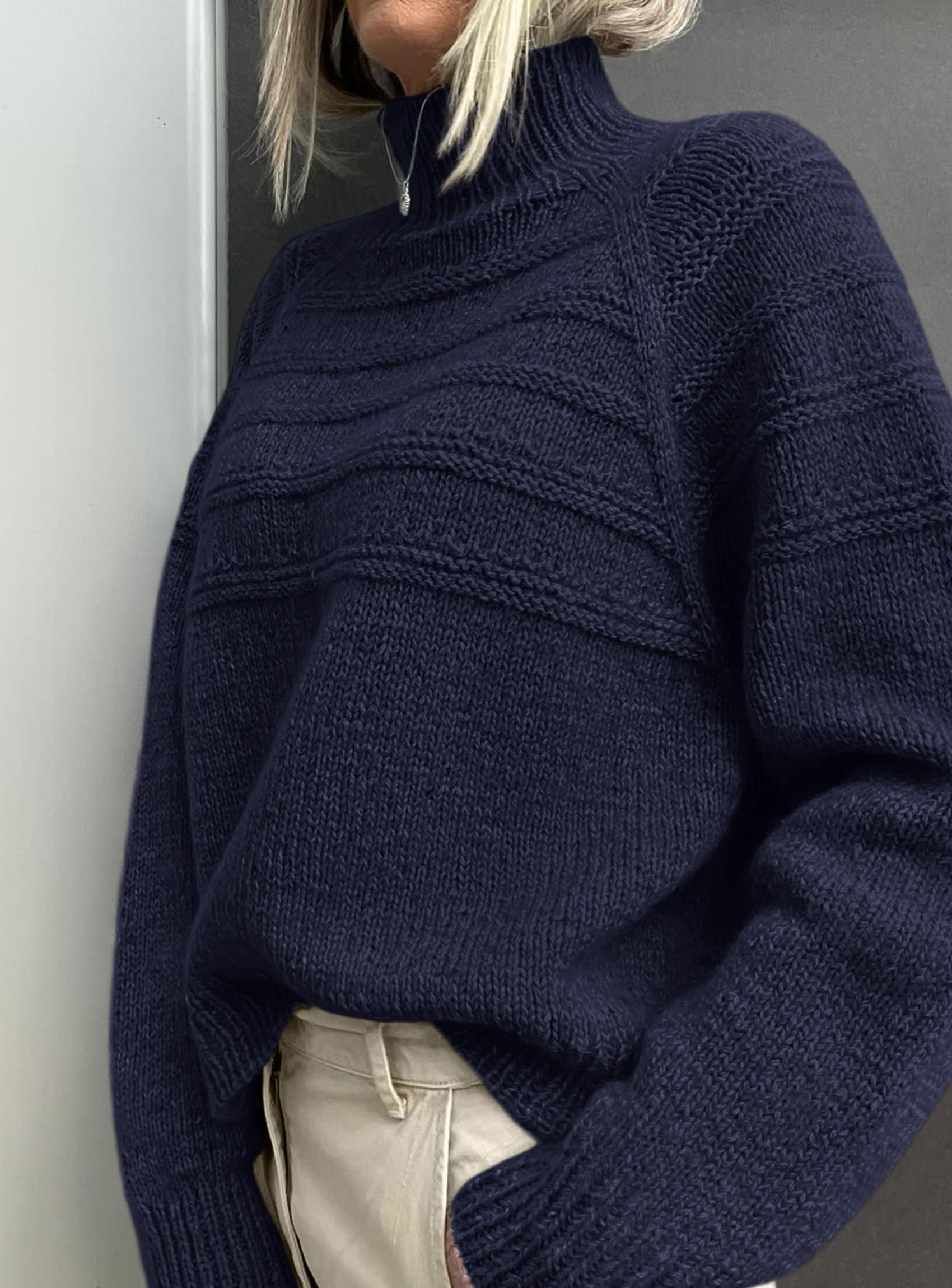 Women's Chunky Knit Mock Neck Pullover Sweaters,Navy Blue,S