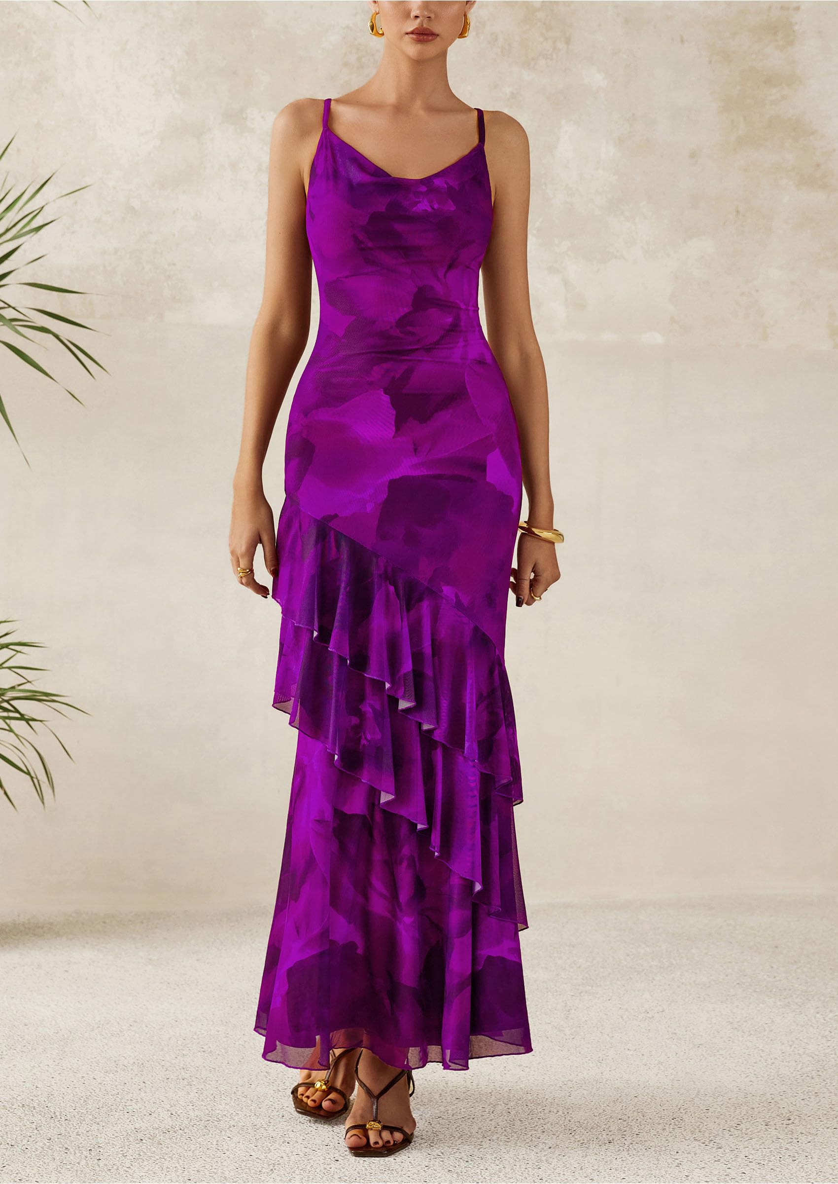 Women's Boho Floral Tiered Maxi Dress, Print Purple,XS