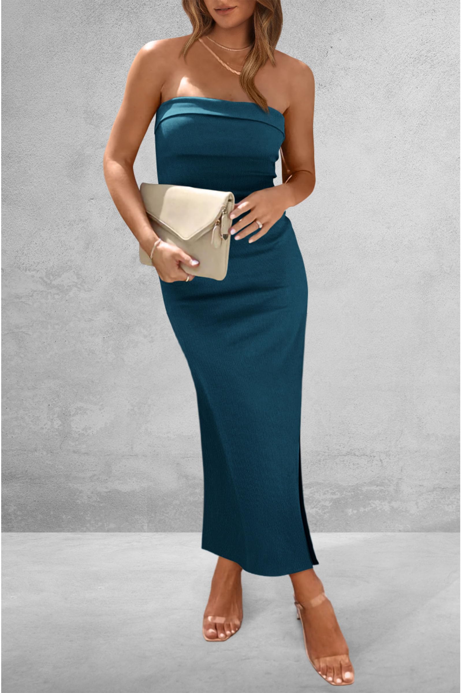 Women's Summer Strapless Cocktail Maxi Dresses Dark Blue