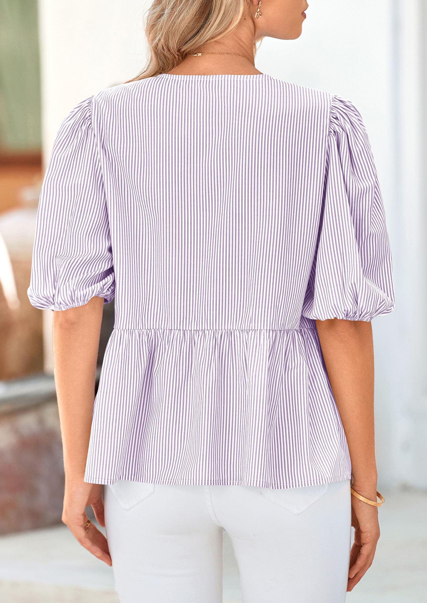 Women Striped Tie Front Babydoll Peplum Tops, Light Purple,S
