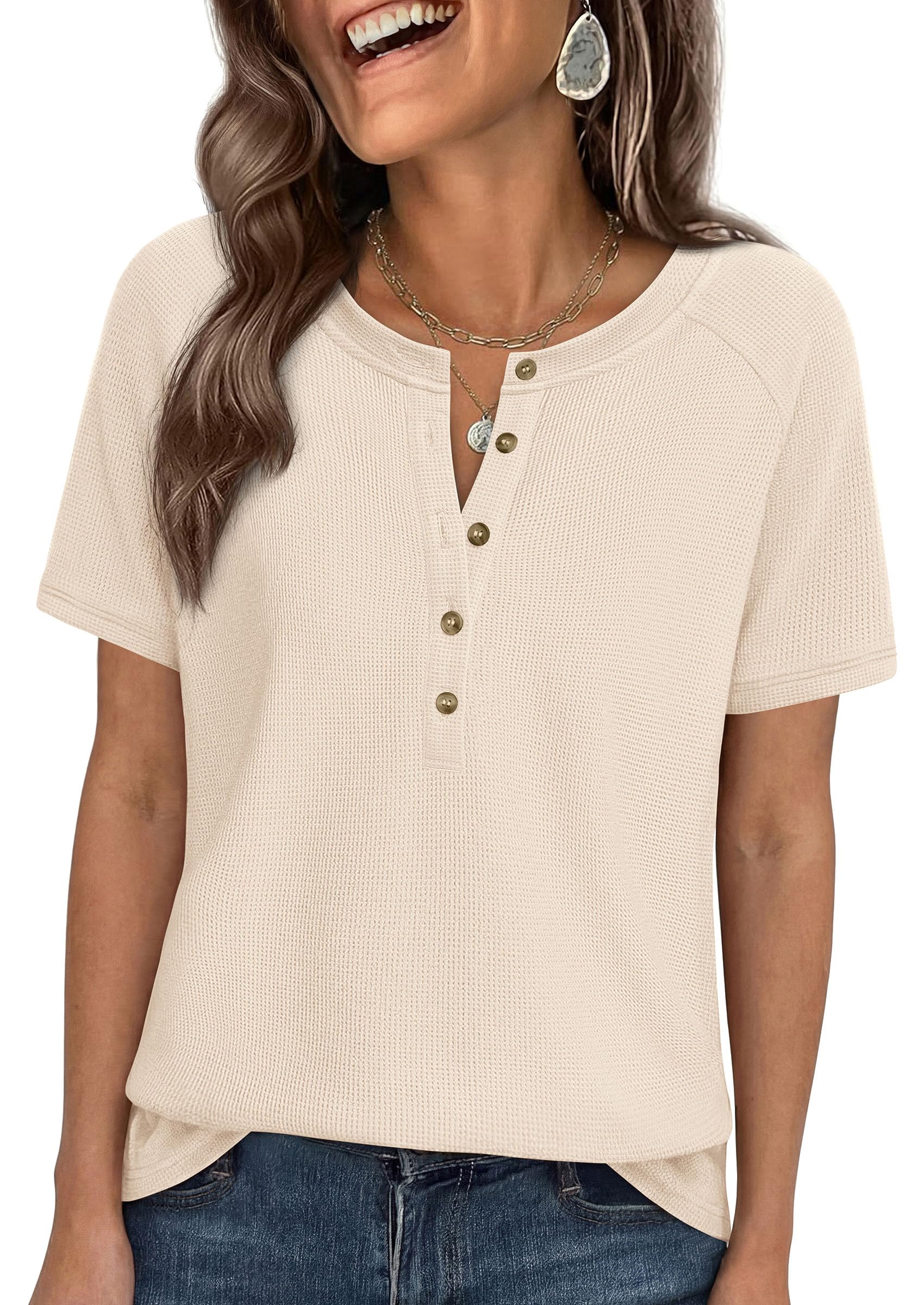 Women's Short Sleeve Waffle Knit Henley Shirts, Beige,L