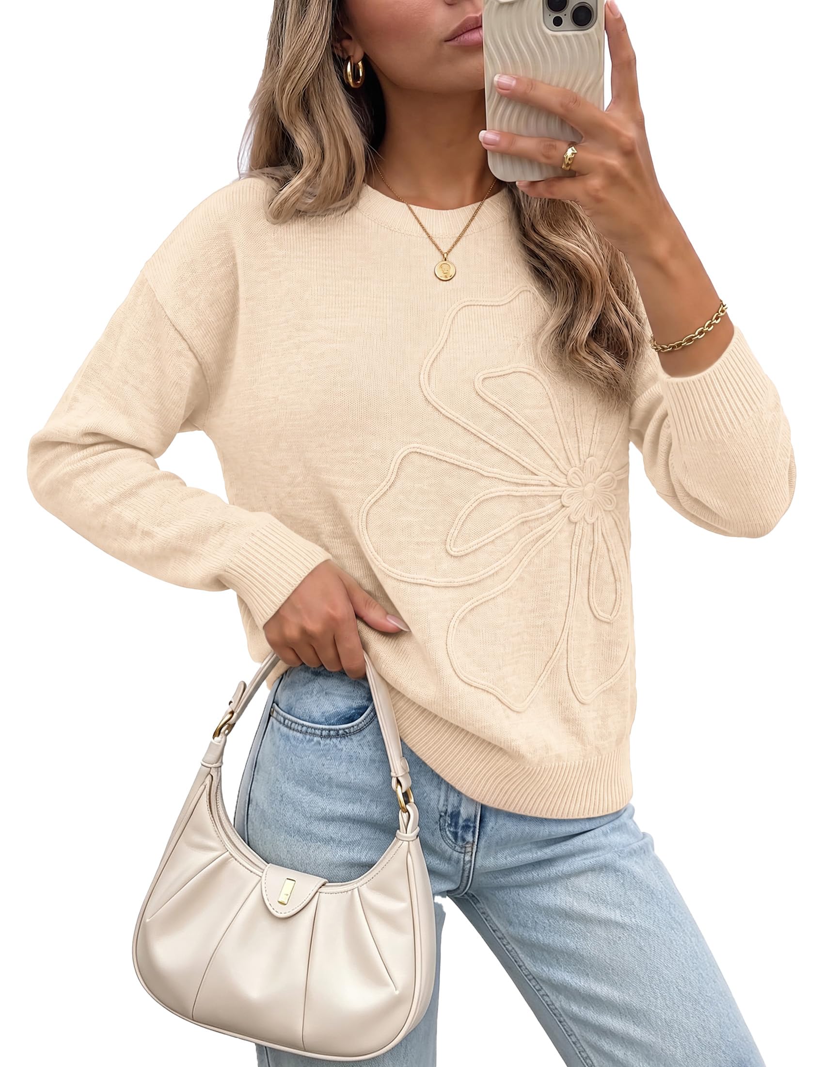 Sweaters for Women Fall Fashion Embroidered Floral Knit Tops