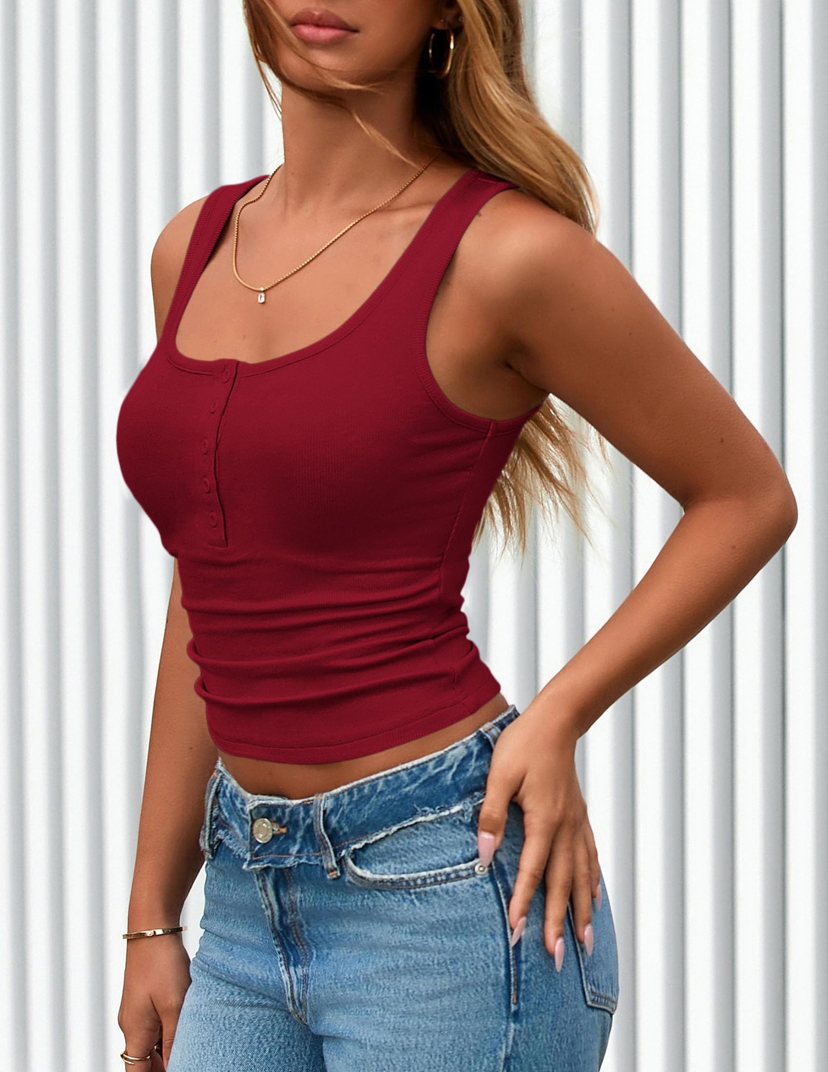 Womens Button Up Sleeveless Henley Tank Tops,Wine Red,S