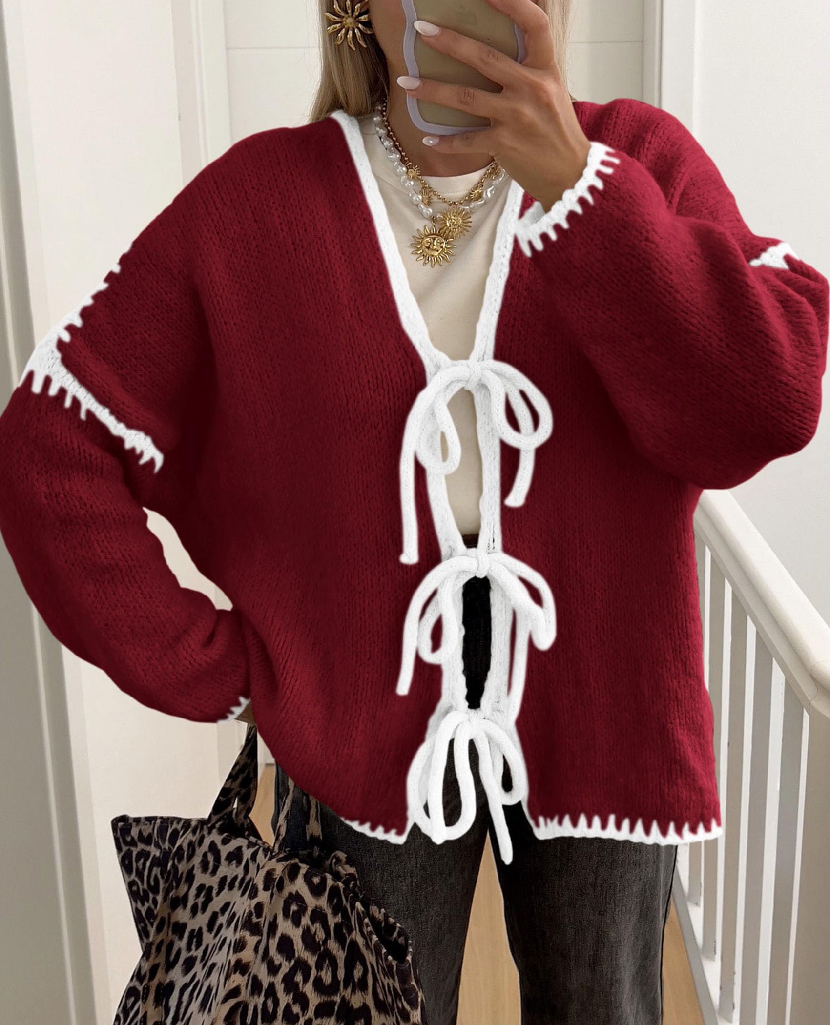 Women's Tie Front Bow Cardigan Sweaters(Wine Red White,Small)