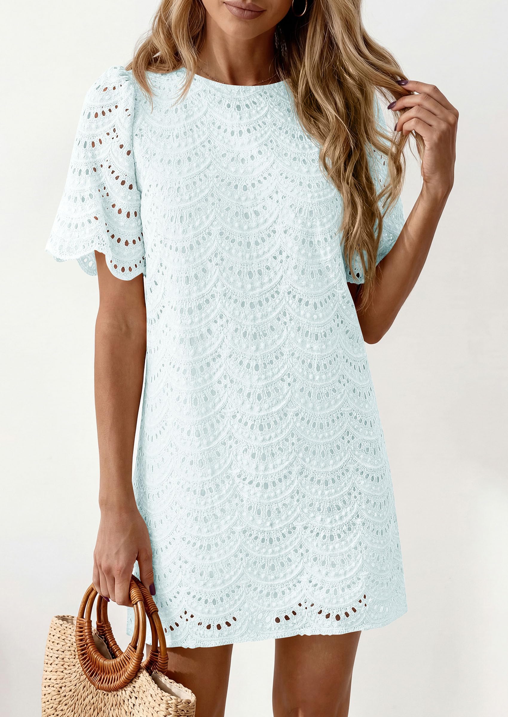 Women's Summer Eyelet Lace Short Dress (Light Blue,S)