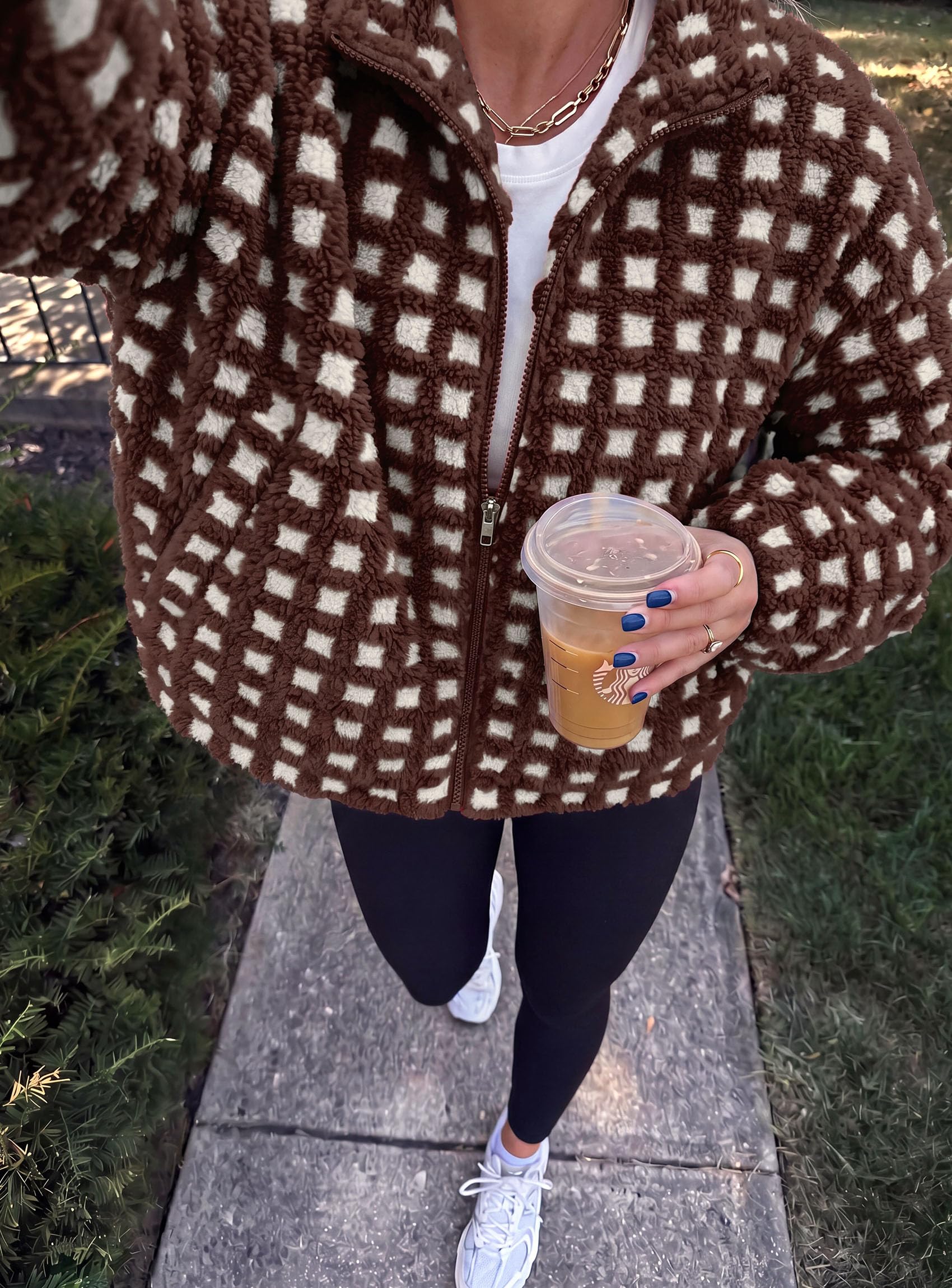 Women's Gingham Sherpa Fleece Jacket Plaid Cropped Teddy Coat