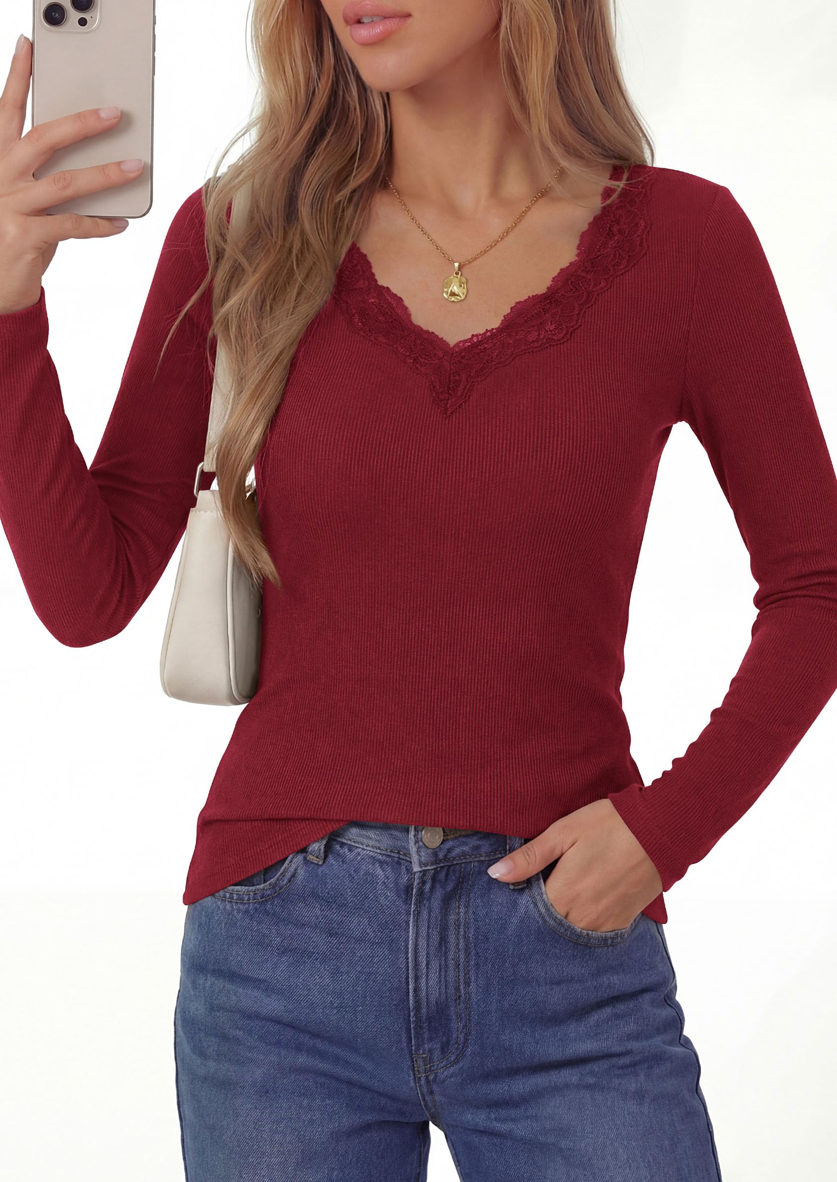 Women's Lace V Neck Long Sleeve Fitted T Shirts,Burgundy,S