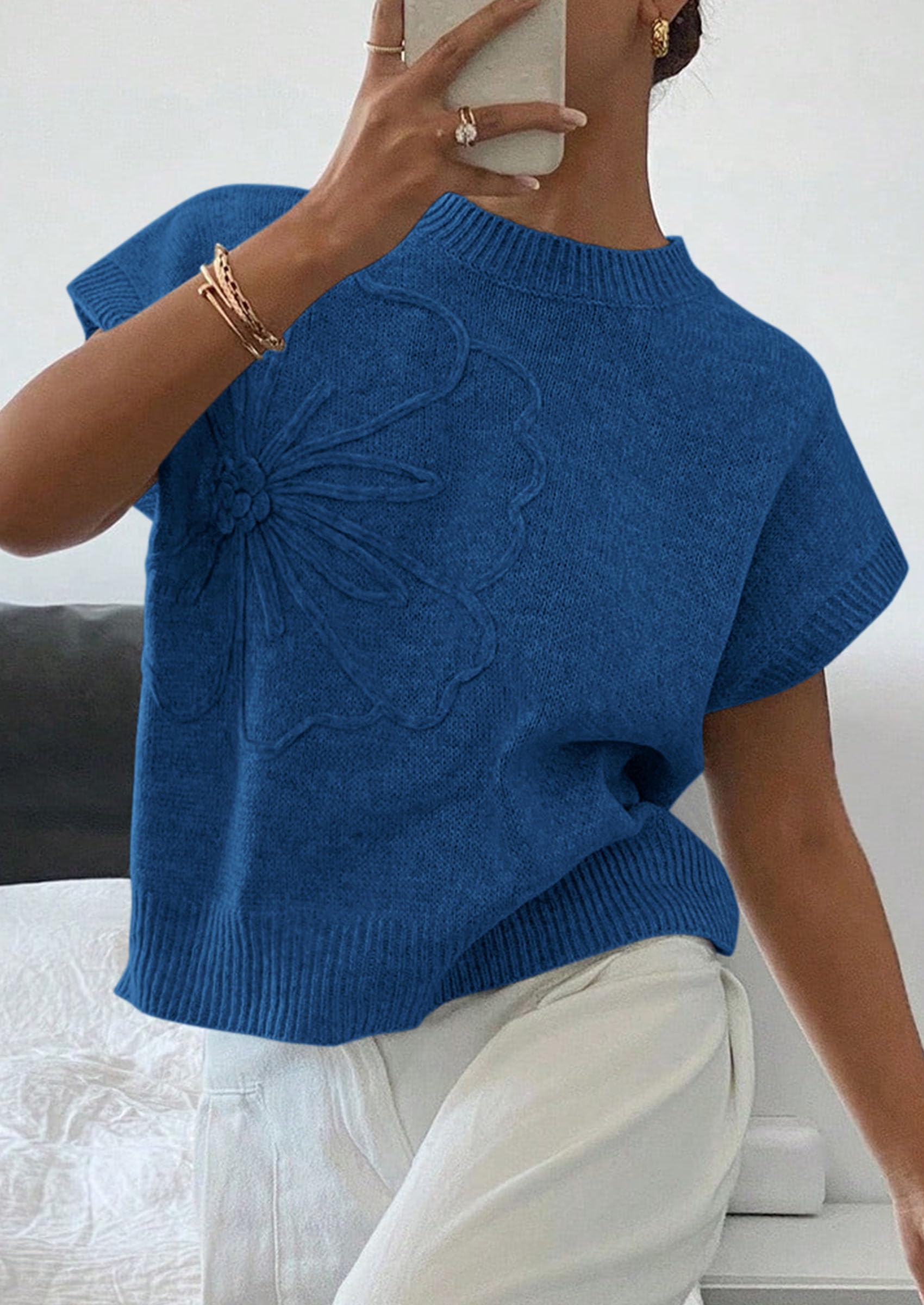 Women's Summer Short Cap Sleeve Sweater Vest (Dark Blue,S)
