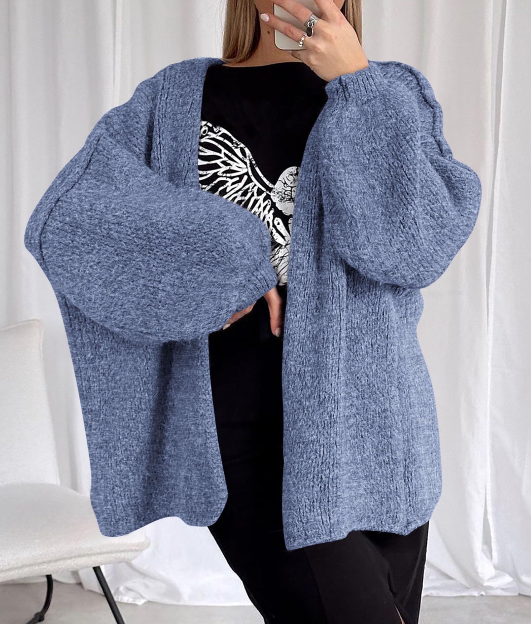 Womens Open Front Oversized Cardigan Sweaters,Haze Blue,XS
