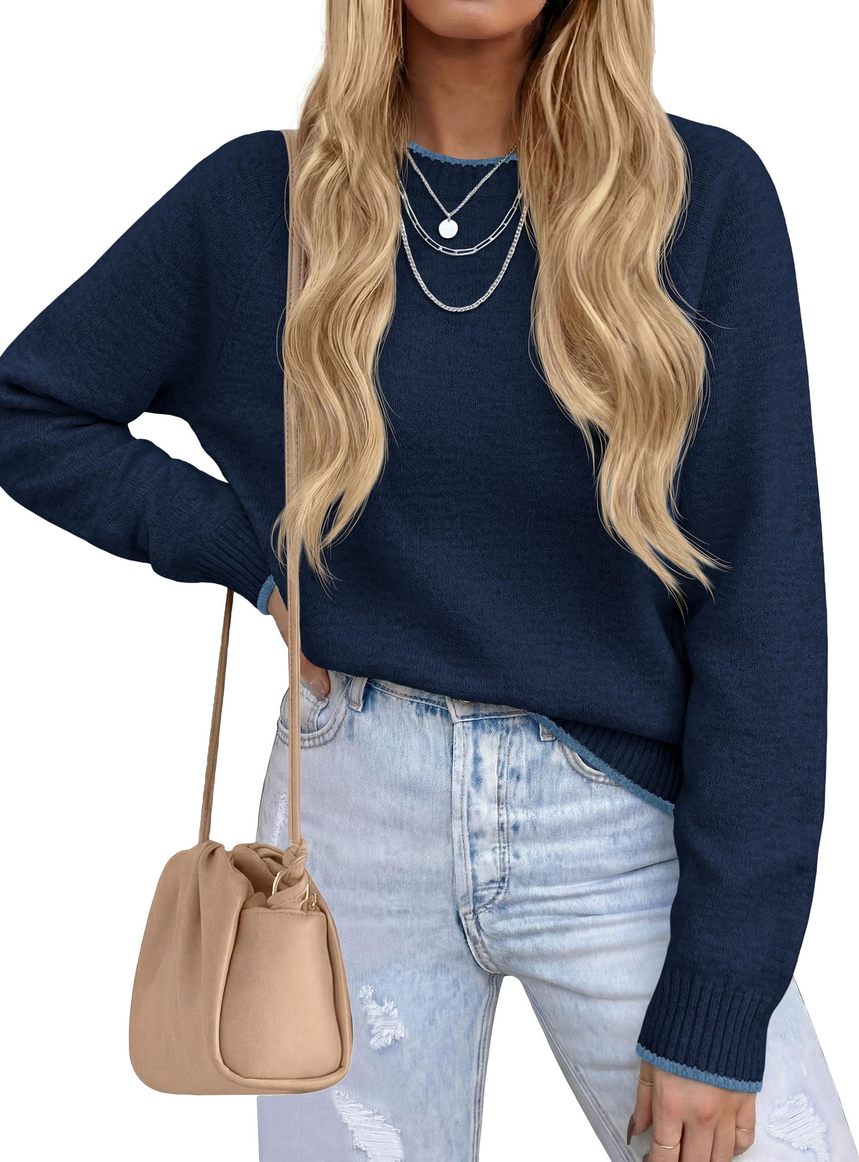 Womens Crewneck Fall Sweaters Pullover Tops,Navy,S