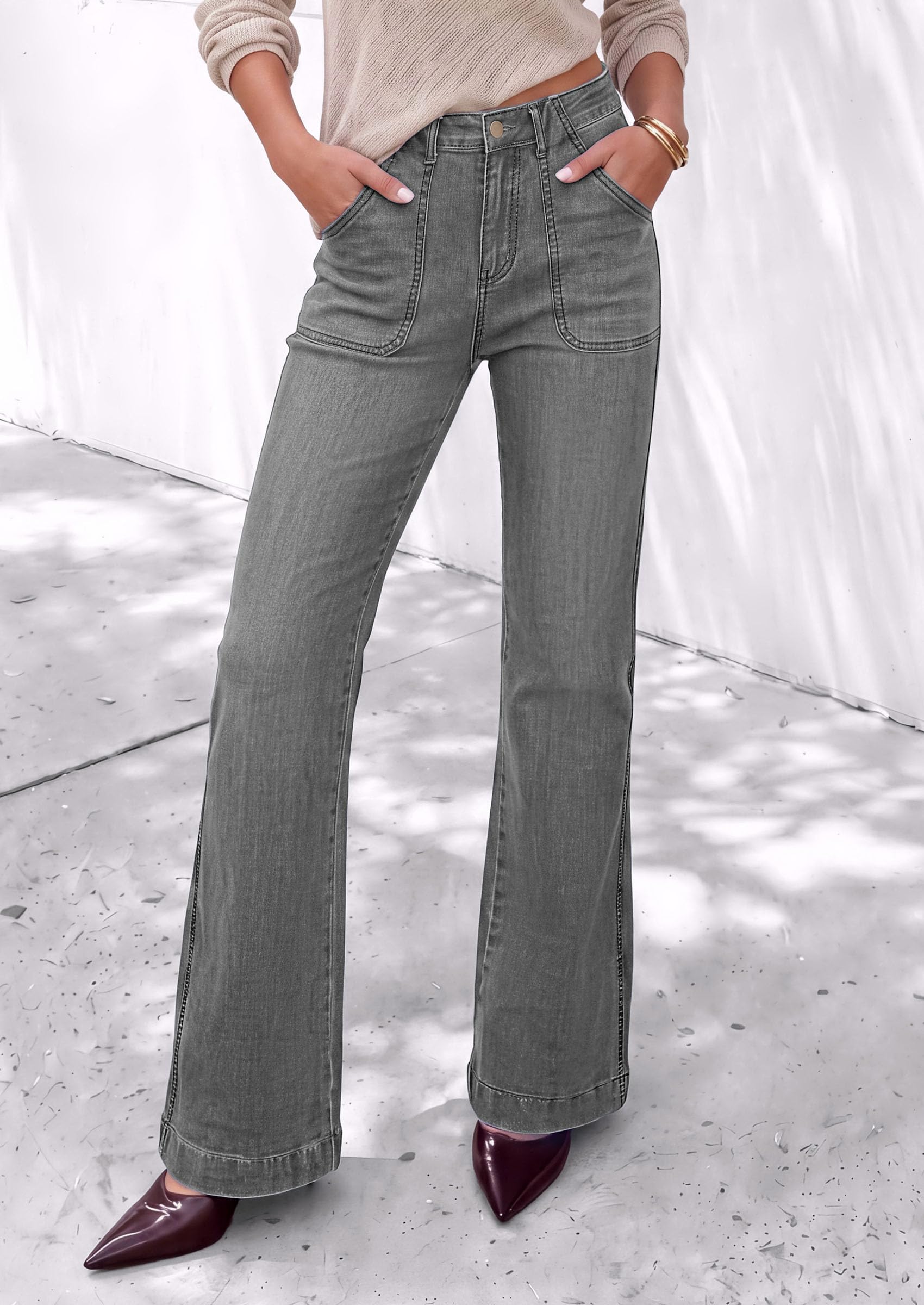 Womens High Waisted Wide Leg Jeans Demin Pants Grey
