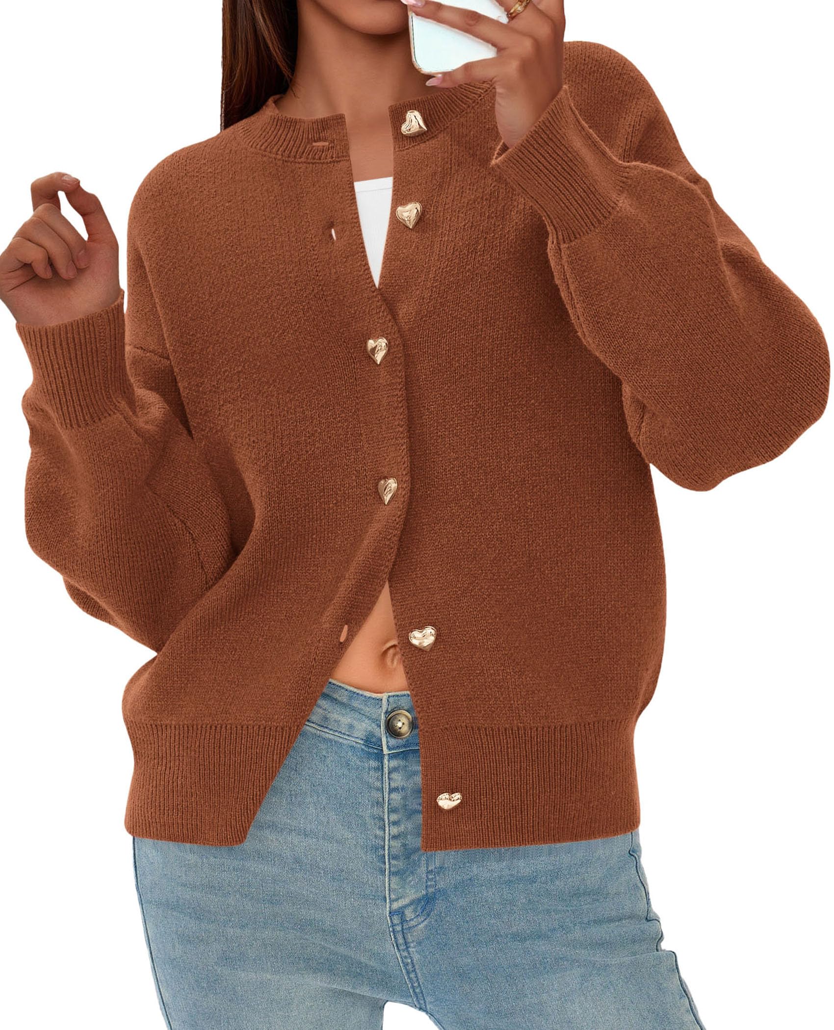 Women's Long Sleeve Button Up Cardigan,Red Brown,S