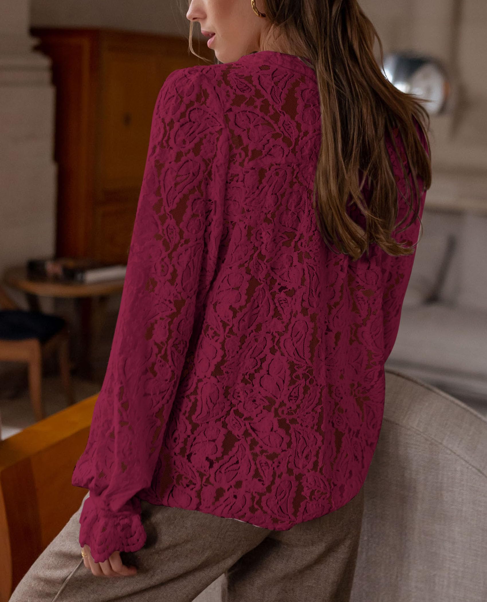 Women's Fall Trendy Long Sleeve Lace Tops(Wine Red,Small)