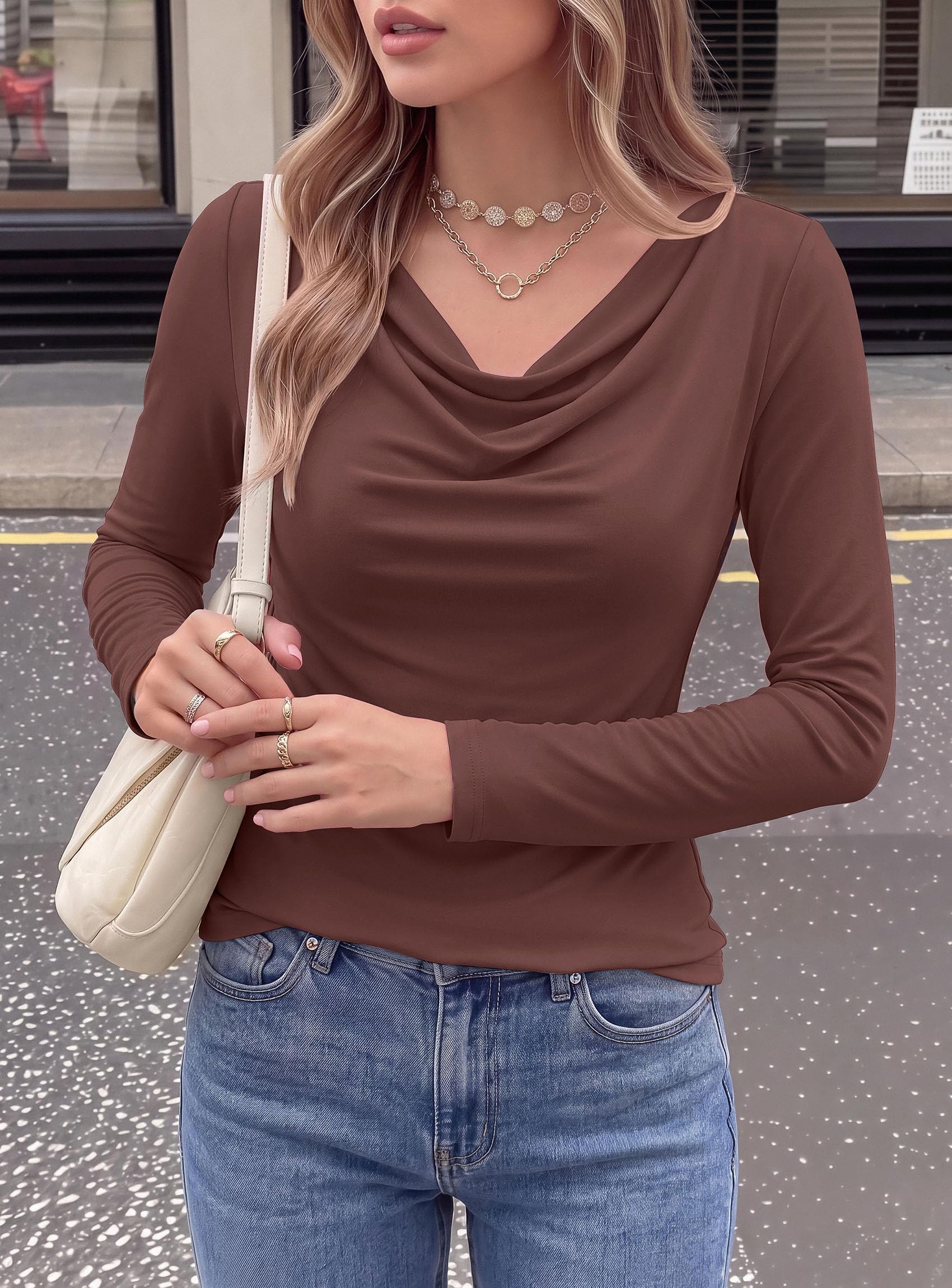 Cowl Neck Tops for Women Fashion Long Sleeve Shirt Brown