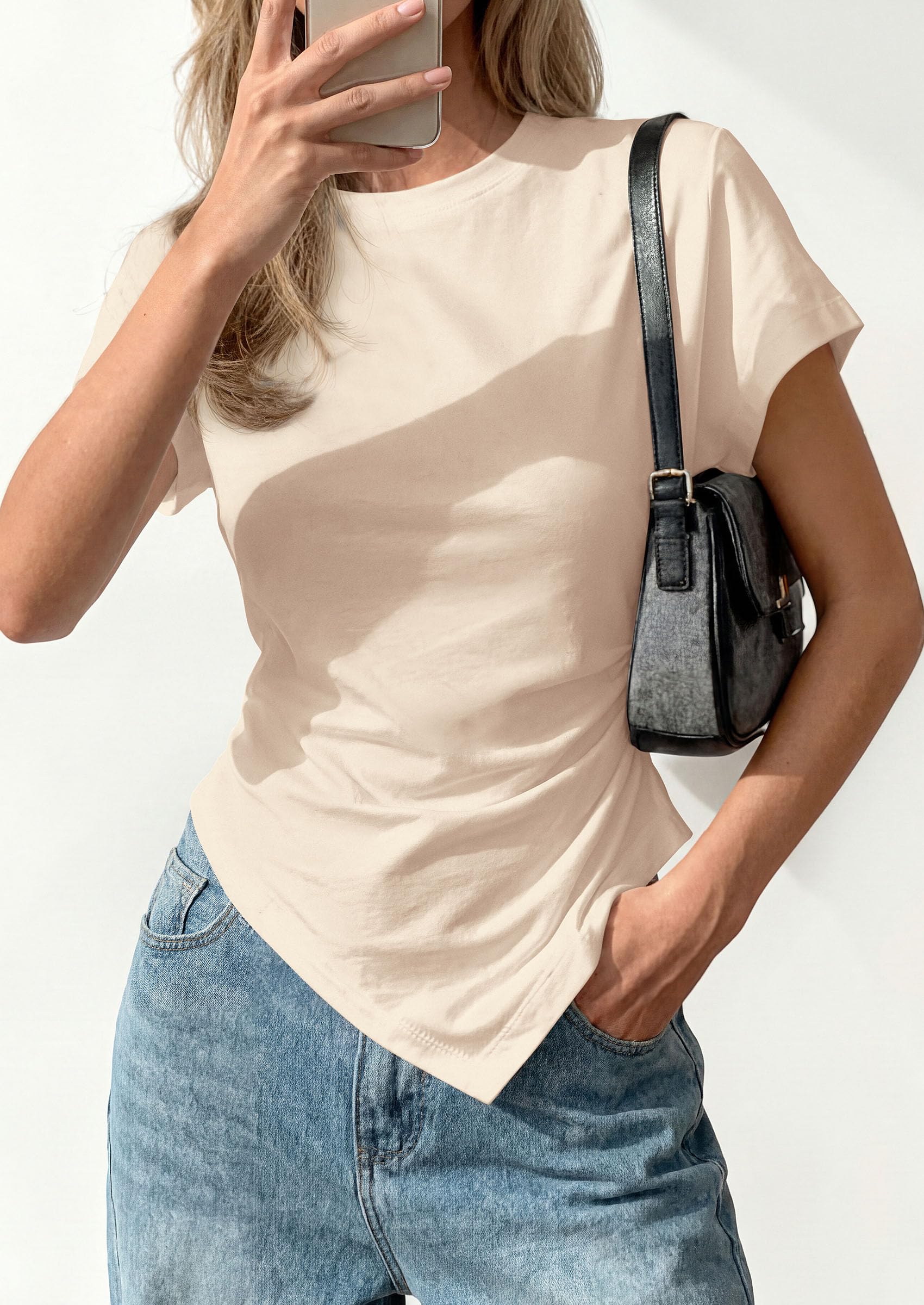Womens Asymmetrical Summer Short Sleeve Tops,Beige,XS